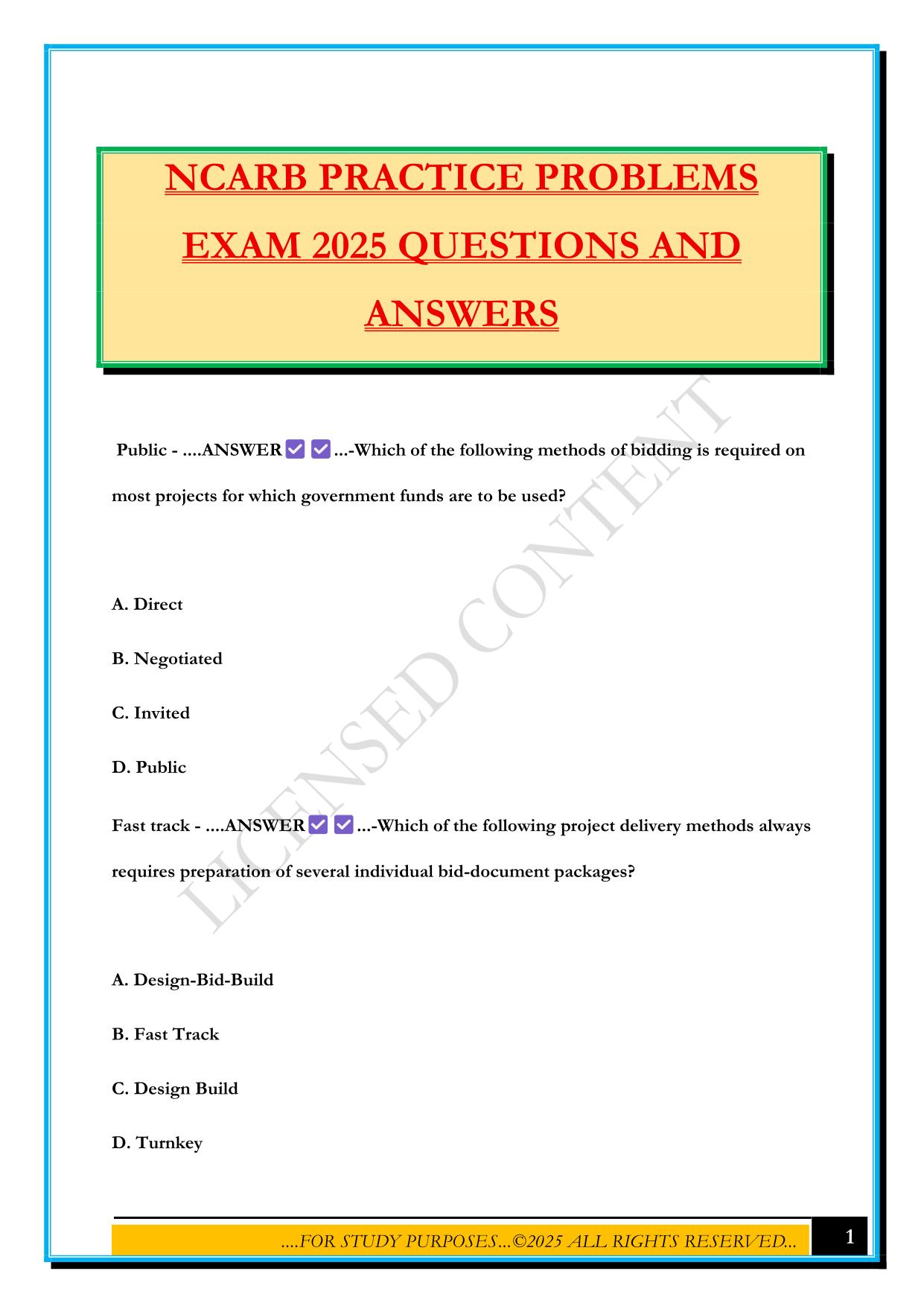 NCARB PRACTICE PROBLEMS EXAM 2025 QUESTIONS AND ANSWERS