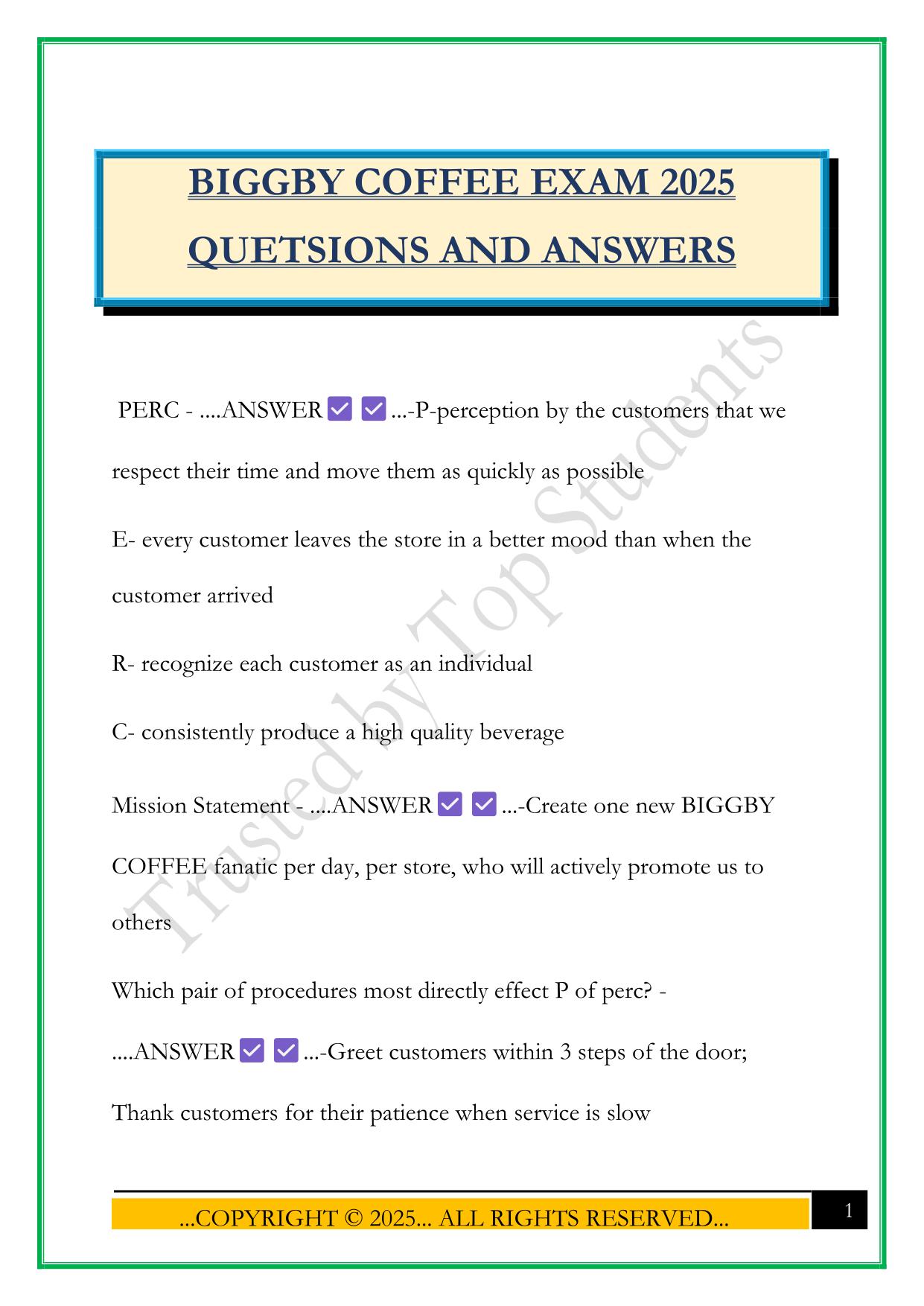 BIGGBY COFFEE EXAM 2025 QUETSIONS AND ANSWERS