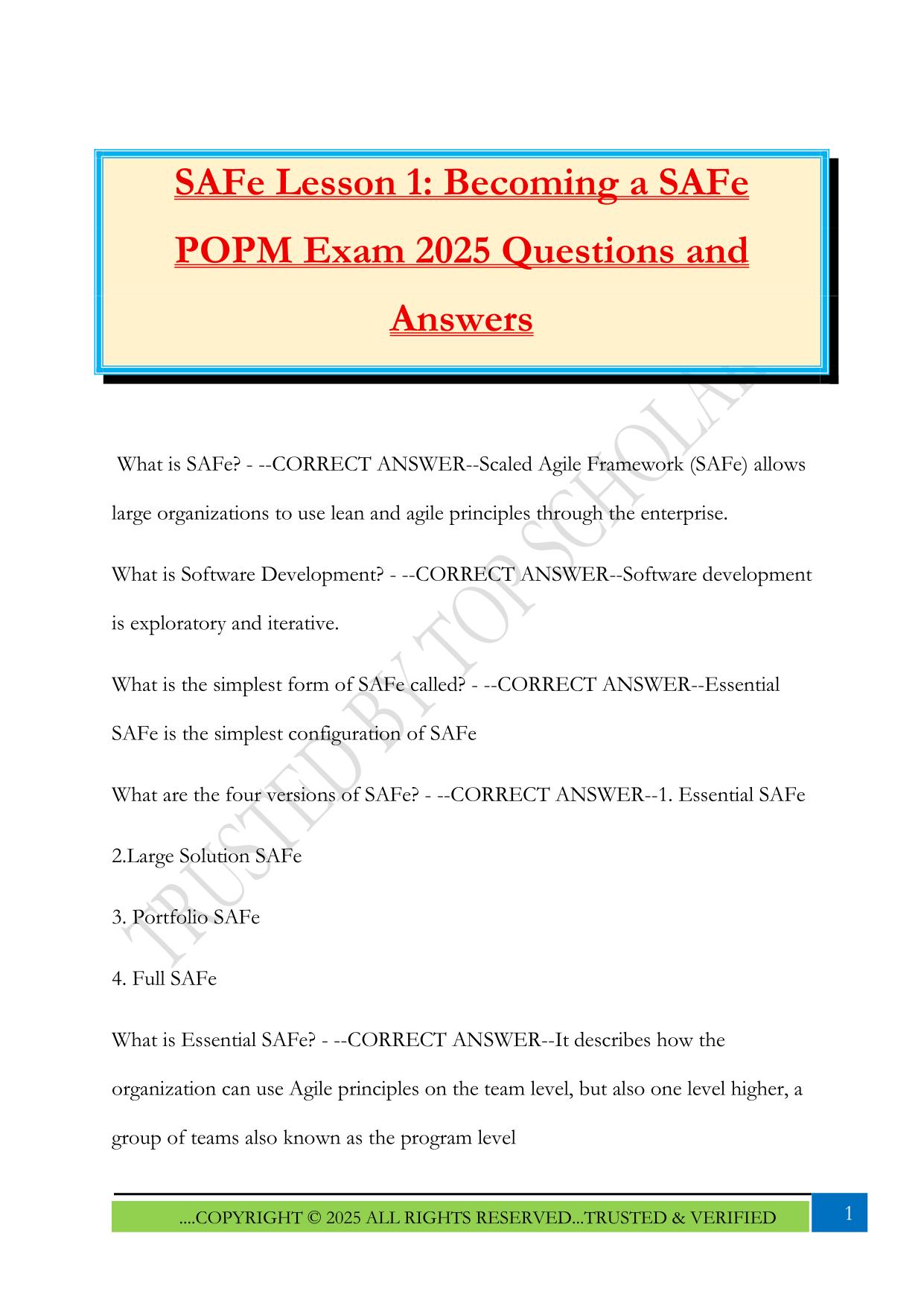 SAFe Lesson 1: Becoming a SAFe POPM Exam 2025 Questions and Answers