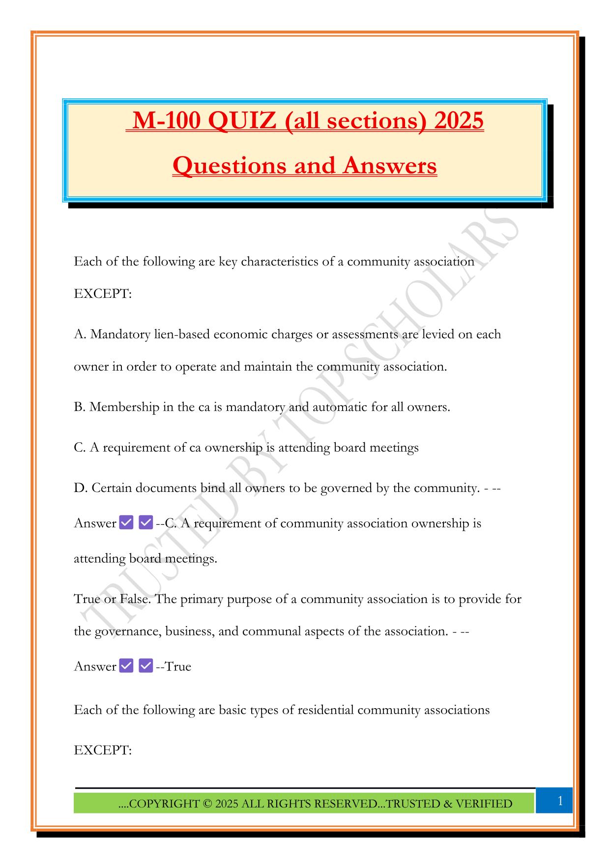 M-100 QUIZ (all sections) 2025 Questions and Answers