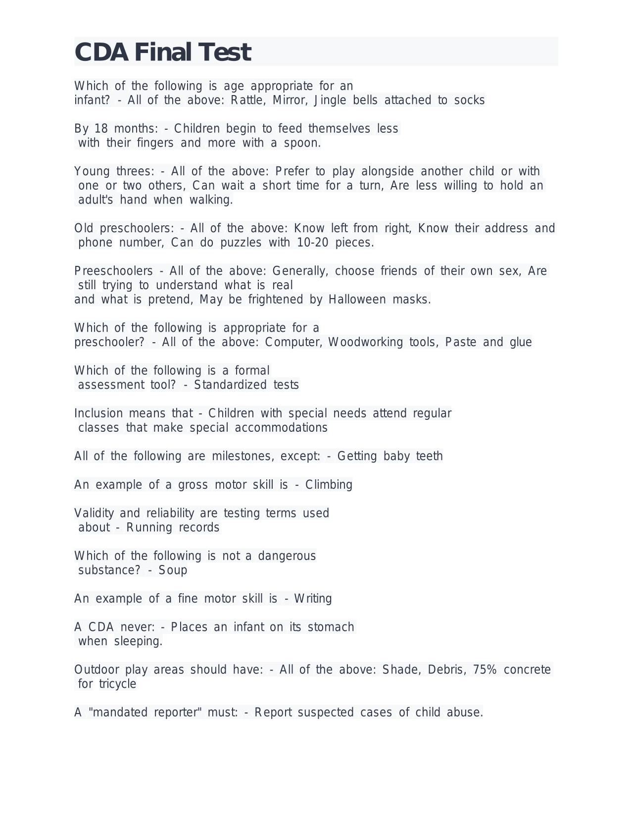 CDA Final Test Questions and Answers 100% Pass 