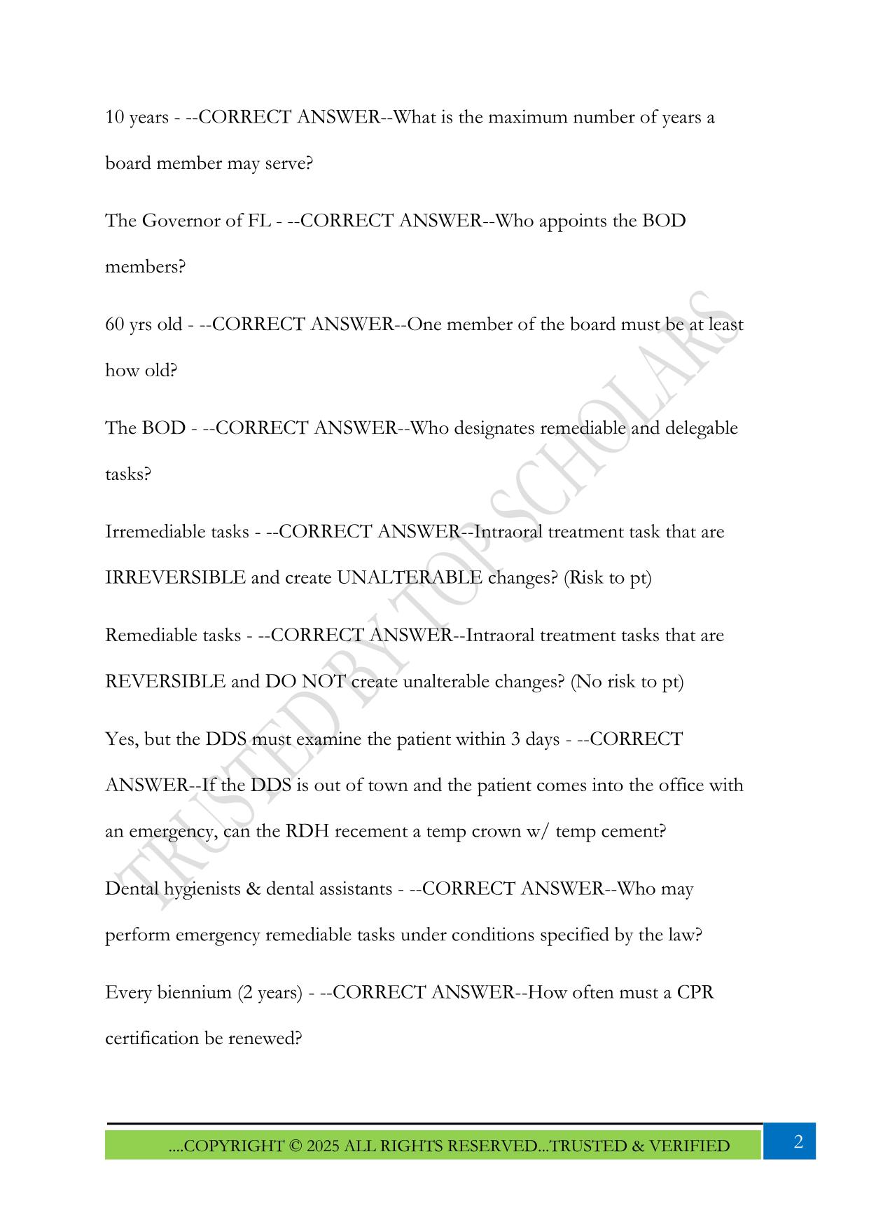 Florida Dental Hygiene Laws & Rules Exam 2025 Questions and Answers