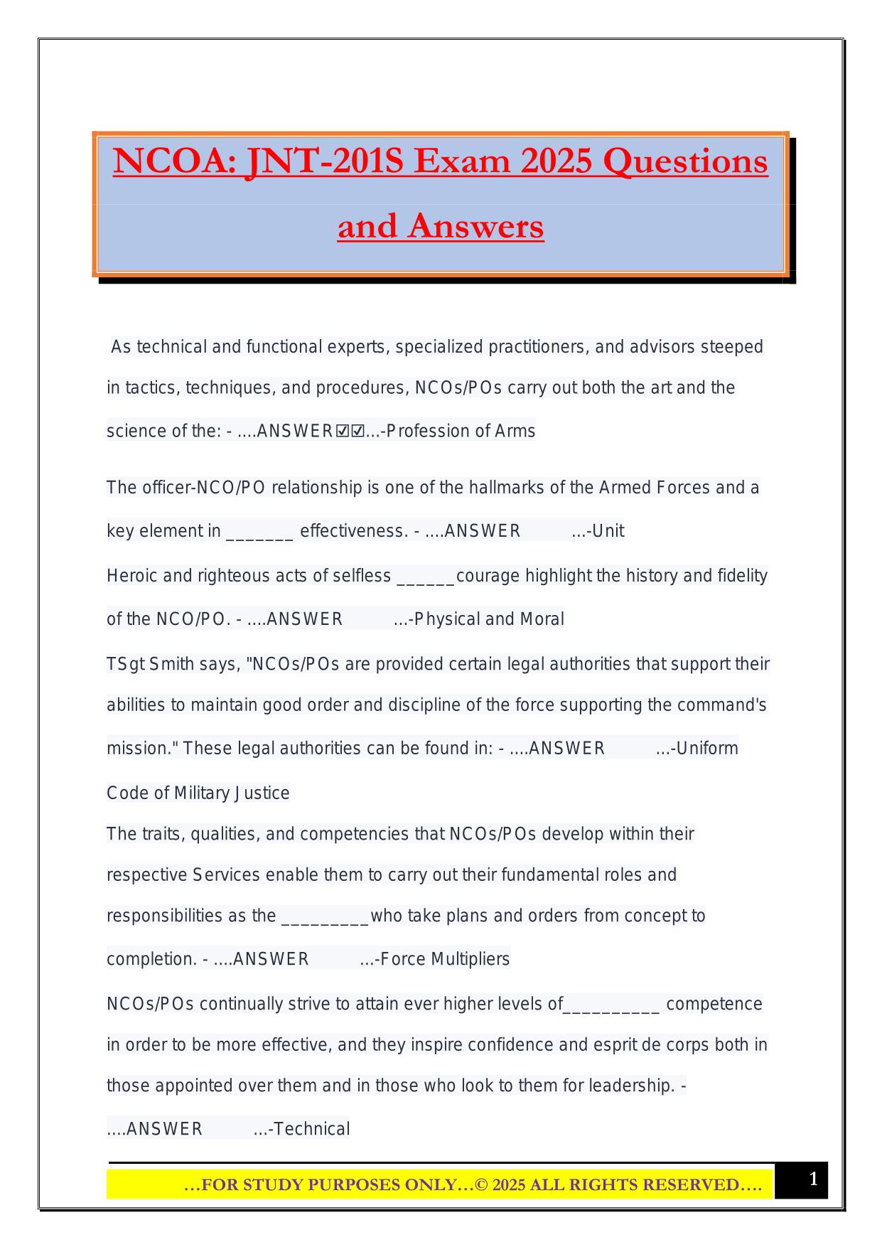 NCOA: JNT-201S Exam 2025 Questions and Answers
