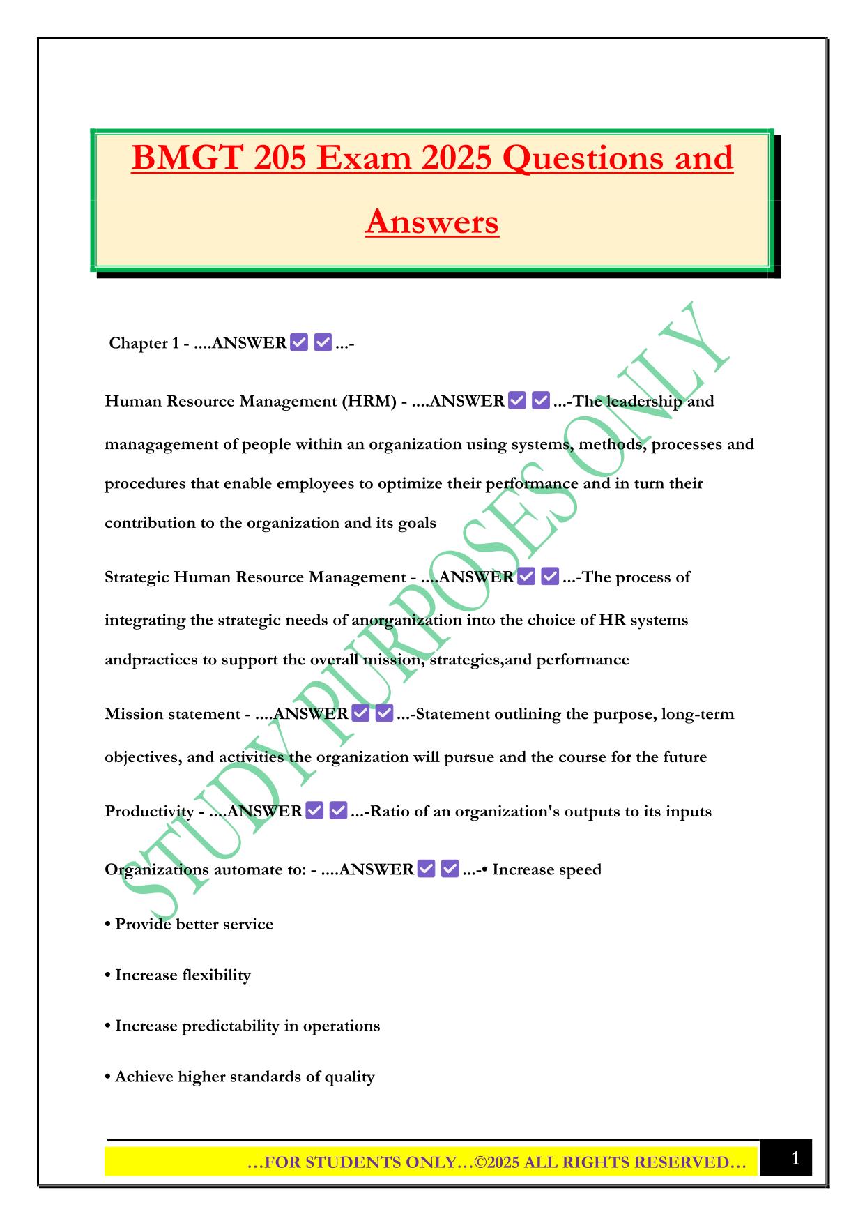 BMGT 205 Exam 2025 Questions and Answers