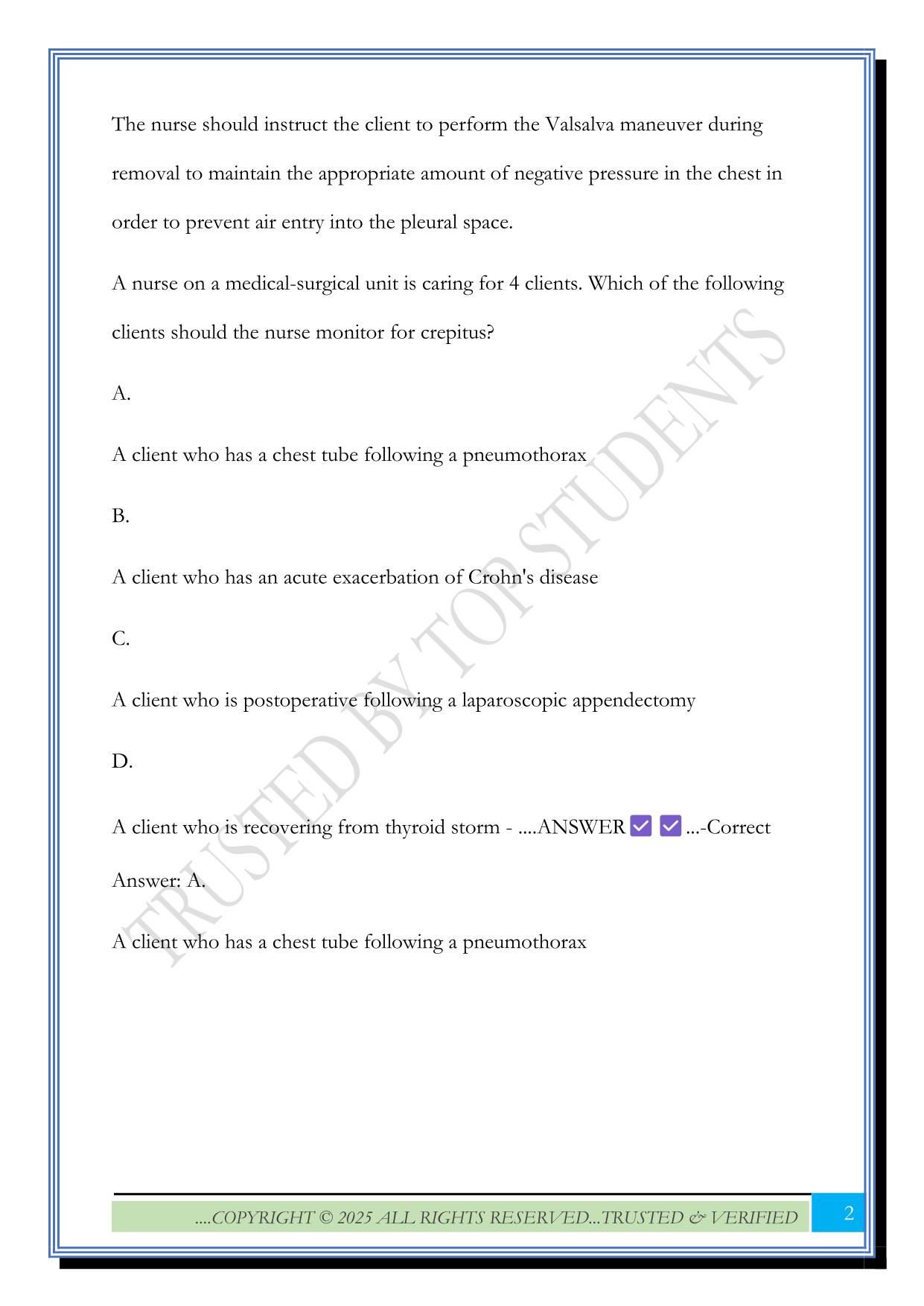Chest Tube ATI Exam 2025 Questions and Answers