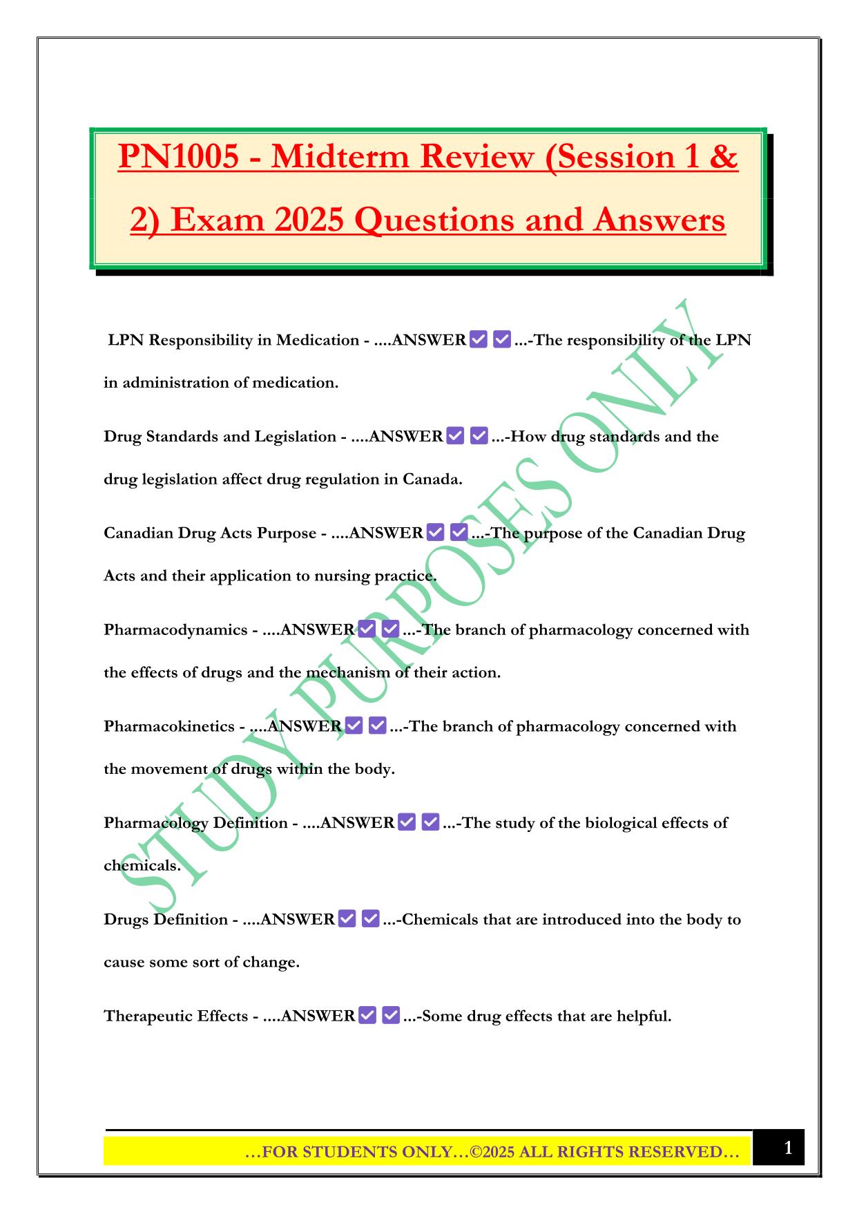 PN1005 - Midterm Review (Session 1 & 2) Exam 2025 Questions and Answers