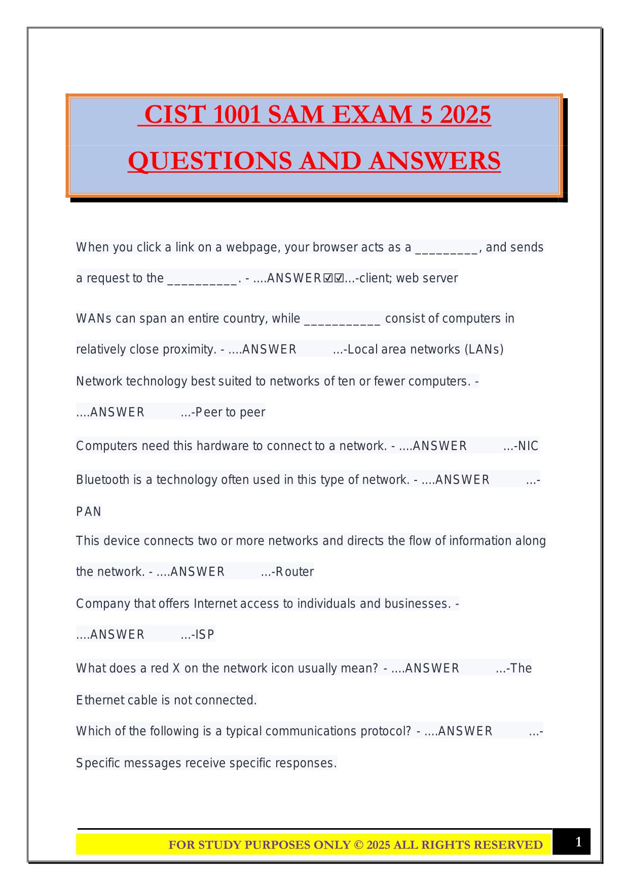 CIST 1001 SAM EXAM 5 2025 QUESTIONS AND ANSWERS
