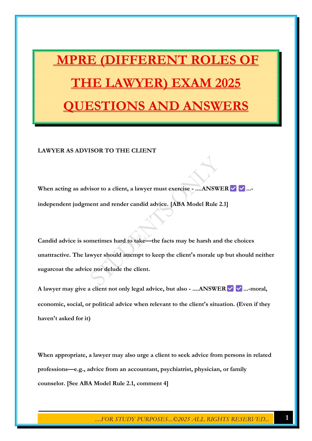 MPRE (DIFFERENT ROLES OF THE LAWYER) EXAM 2025 QUESTIONS AND ANSWERS