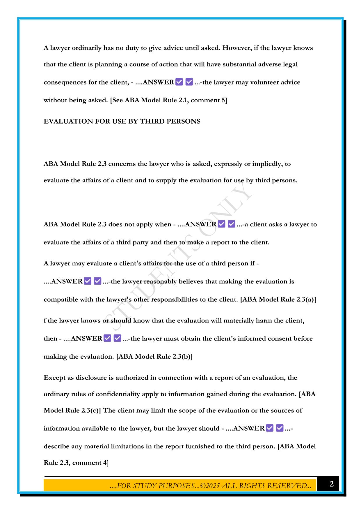 MPRE (DIFFERENT ROLES OF THE LAWYER) EXAM 2025 QUESTIONS AND ANSWERS