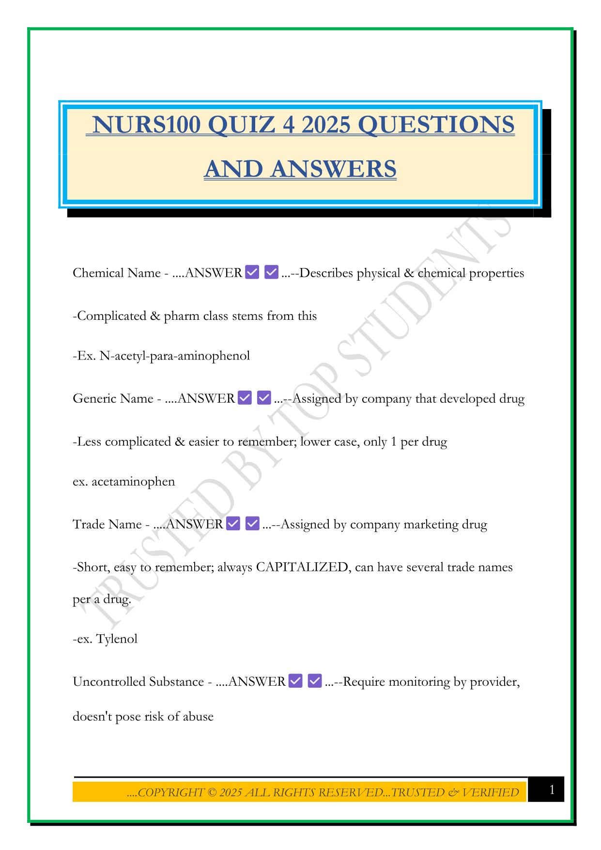 NURS100 QUIZ 4 2025 QUESTIONS AND ANSWERS