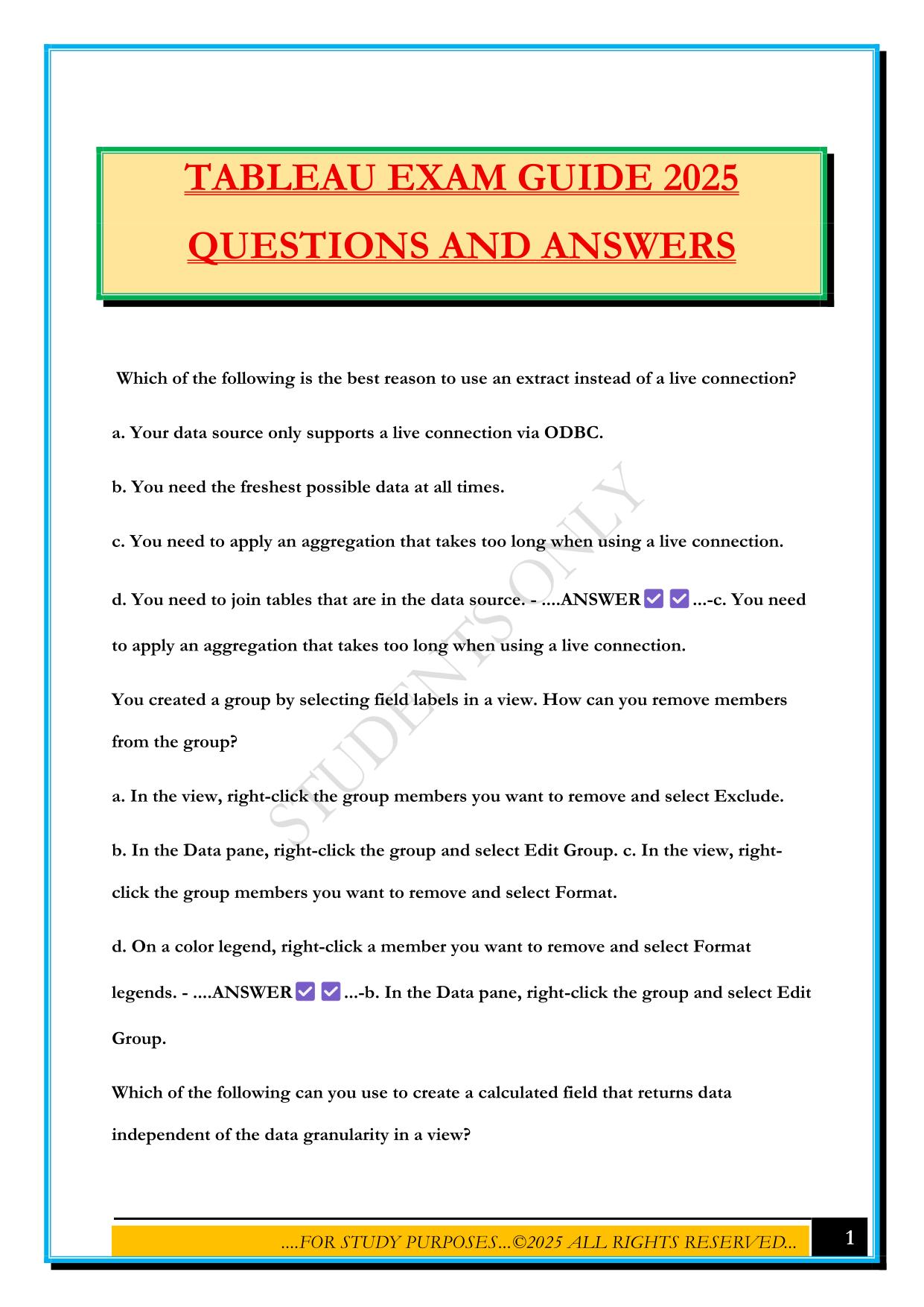 TABLEAU EXAM GUIDE 2025 QUESTIONS AND ANSWERS