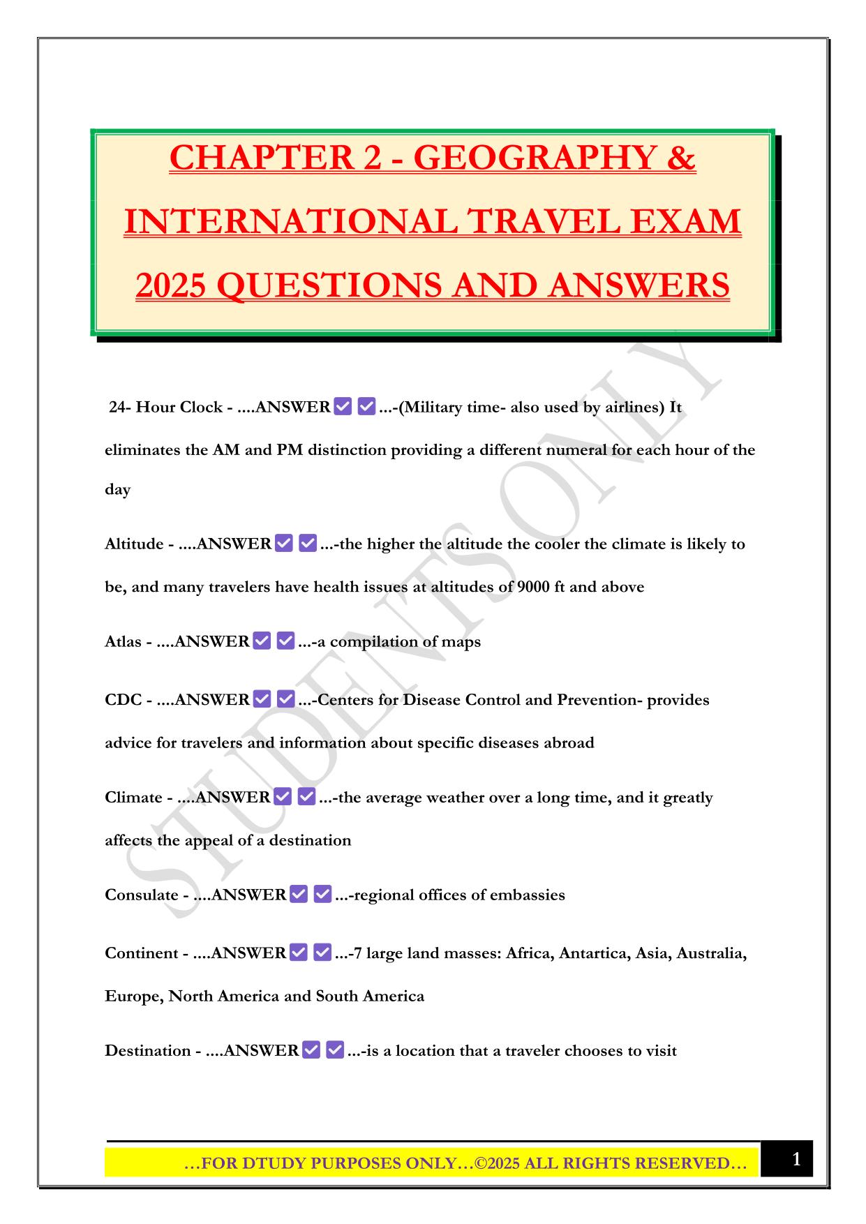 CHAPTER 2 - GEOGRAPHY & INTERNATIONAL TRAVEL EXAM 2025 QUESTIONS AND ANSWERS