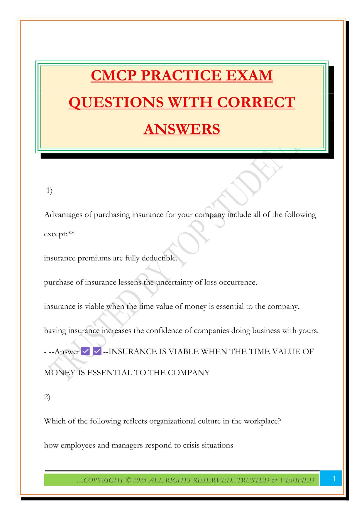 CMCP PRACTICE EXAM QUESTIONS WITH CORRECT ANSWERS