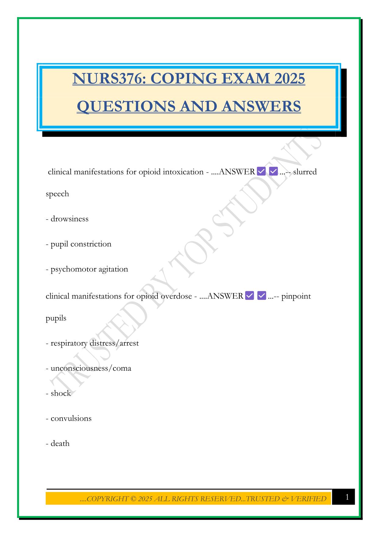 NURS376: COPING EXAM 2025 QUESTIONS AND ANSWERS