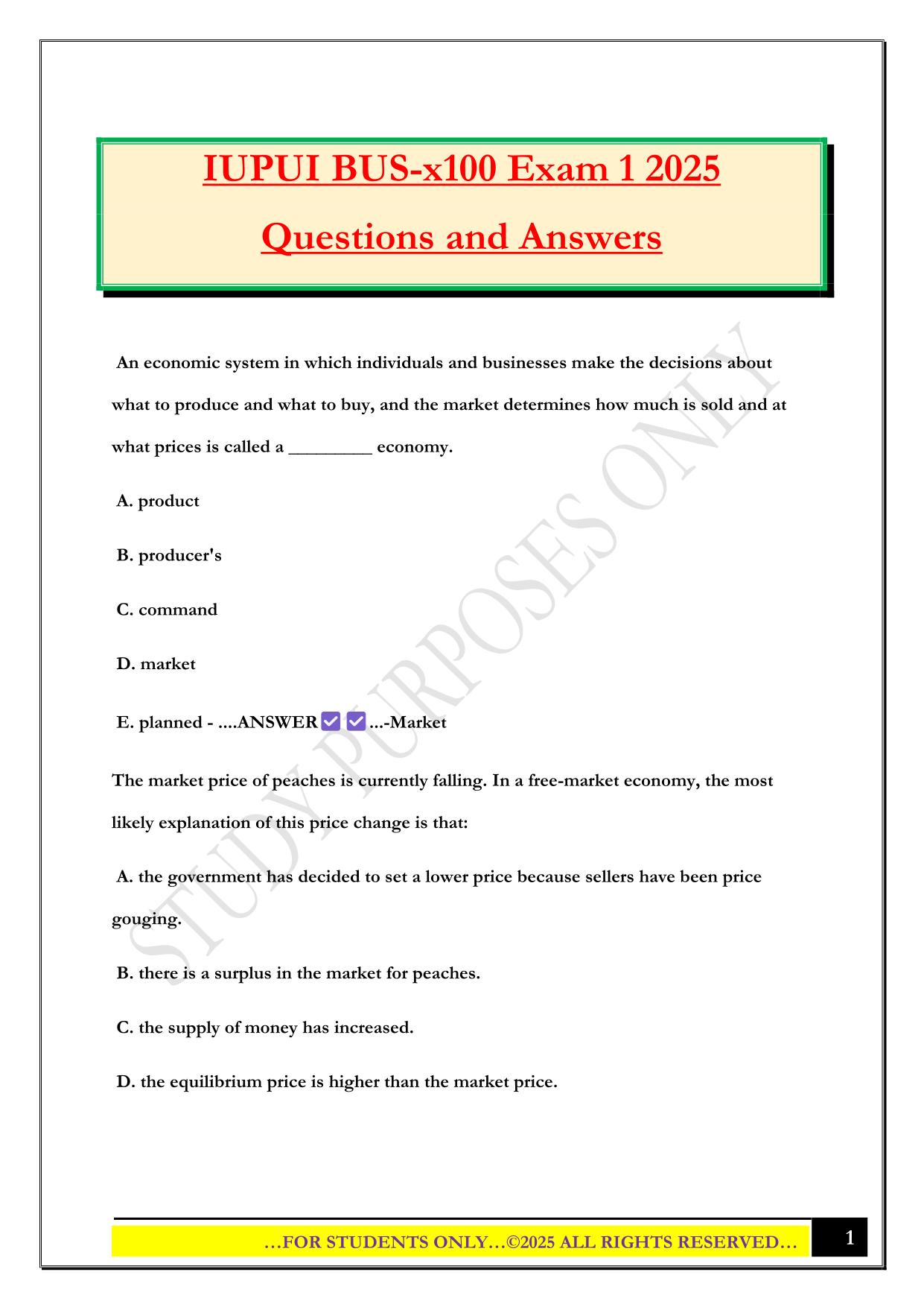 IUPUI BUS-x100 Exam 1 2025 Questions and Answers