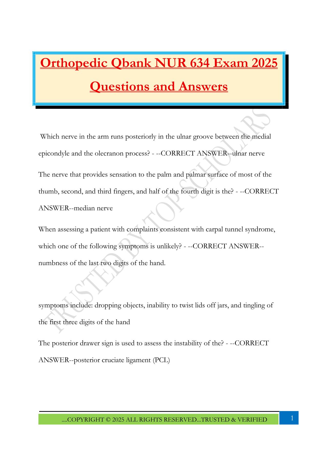 Orthopedic Qbank NUR 634 Exam 2025 Questions and Answers