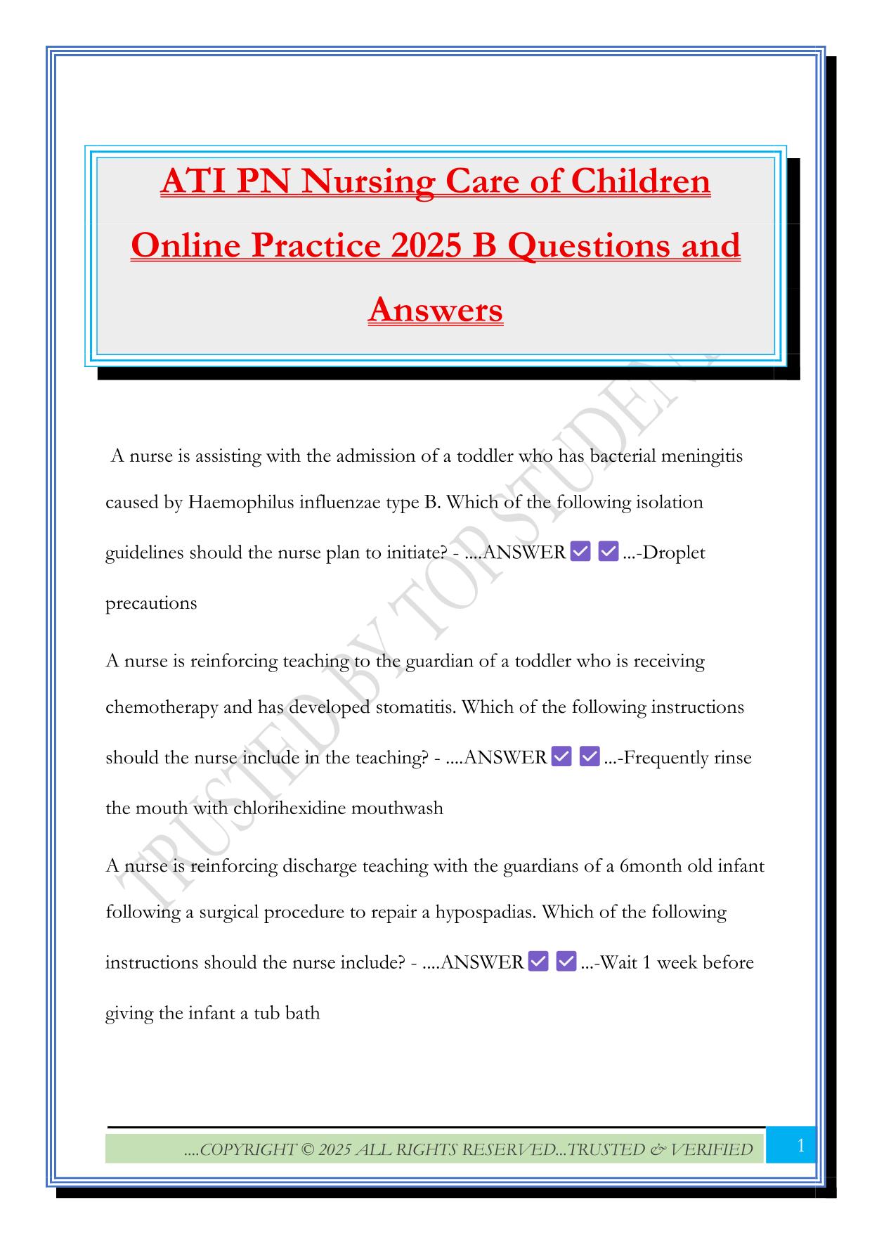 ATI PN Nursing Care of Children Online Practice 2025 B Questions and Answers