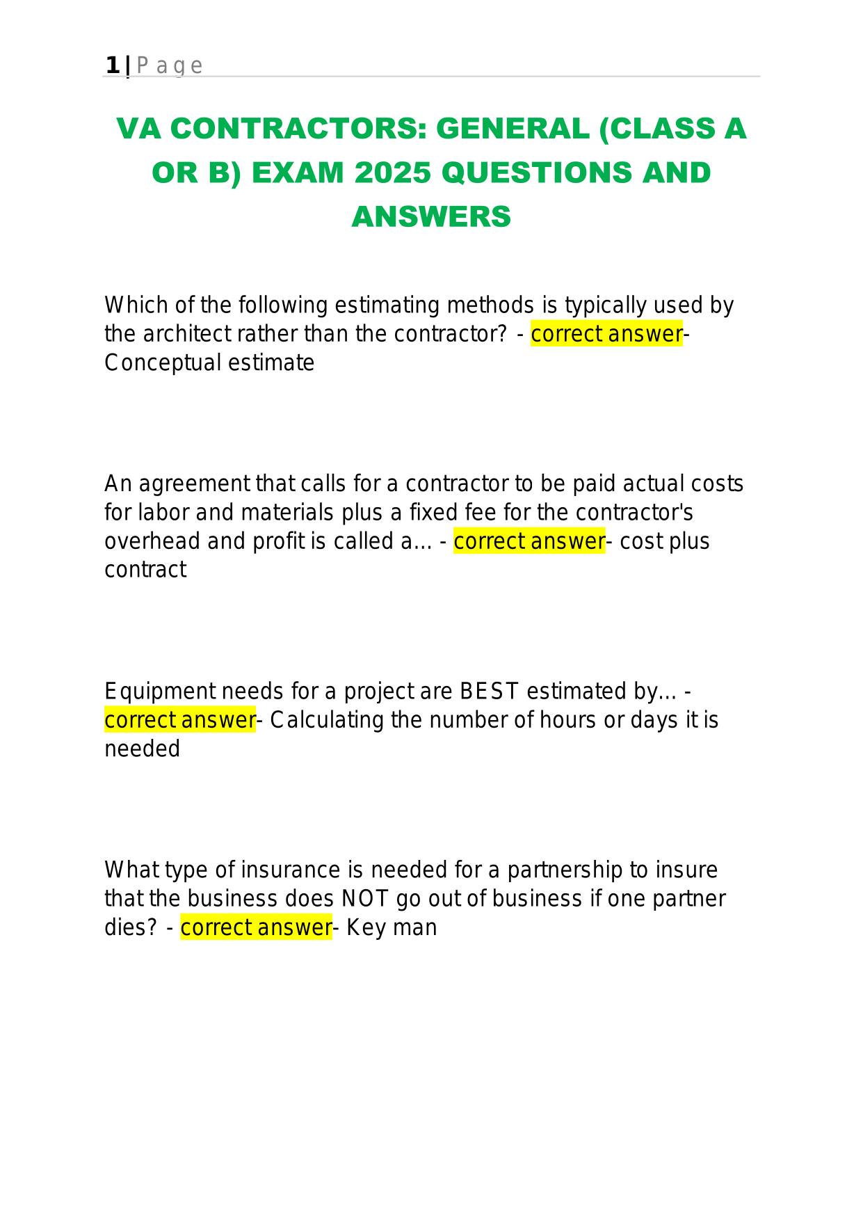 VA CONTRACTORS: GENERAL (CLASS A OR B) EXAM 2025 QUESTIONS AND ANSWERS