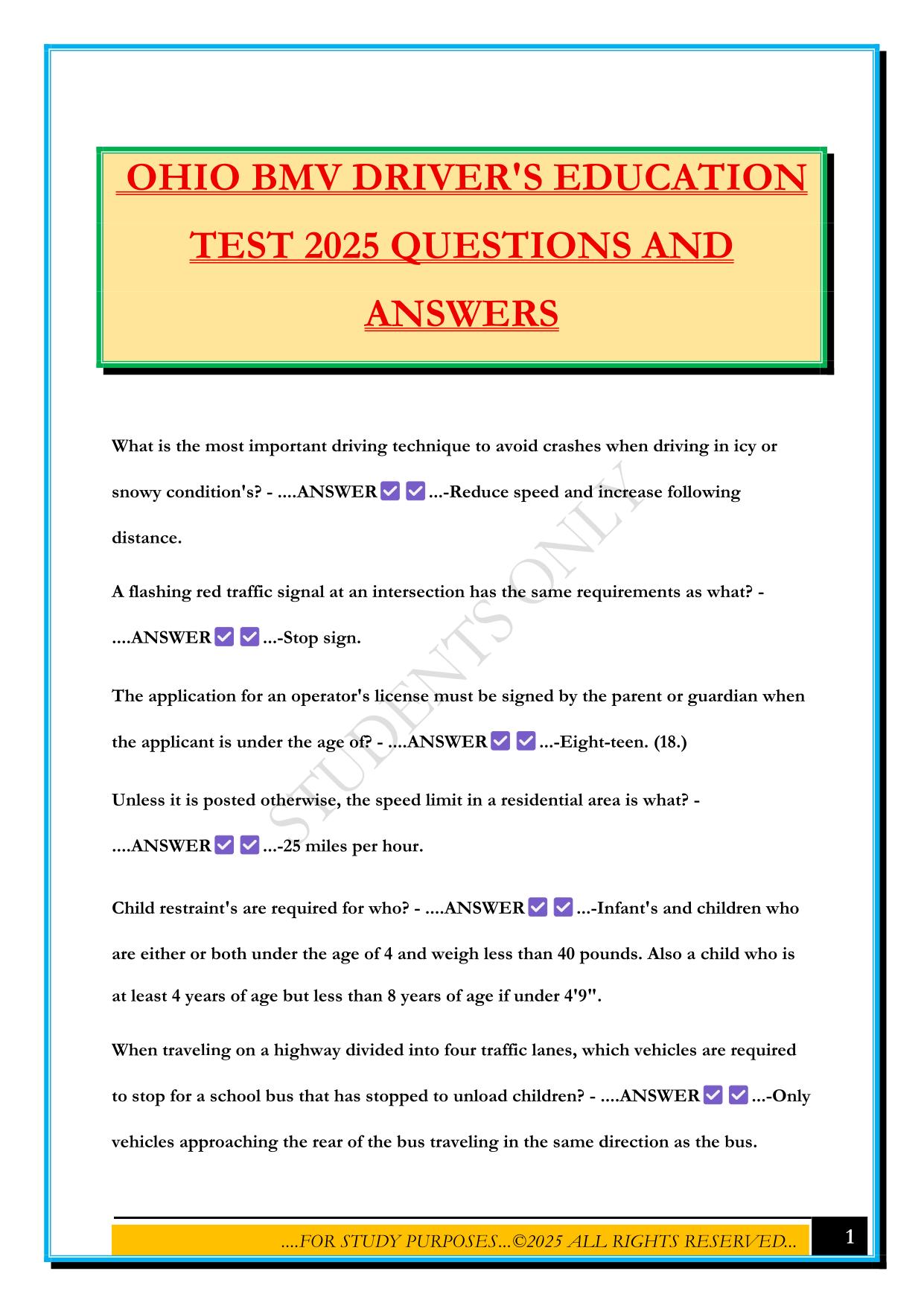 OHIO BMV DRIVER'S EDUCATION TEST 2025 QUESTIONS AND ANSWERS