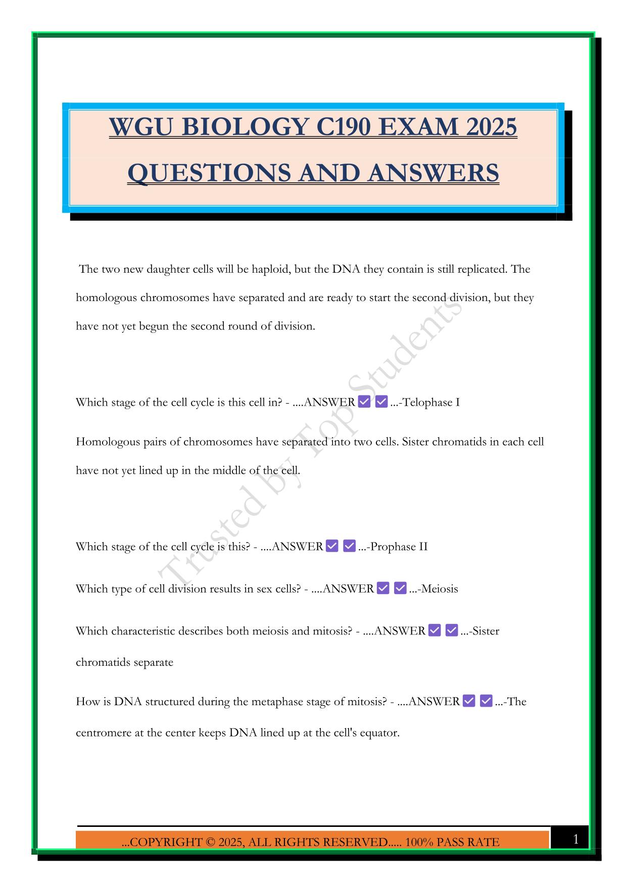 WGU BIOLOGY C190 EXAM 2025 QUESTIONS AND ANSWERS