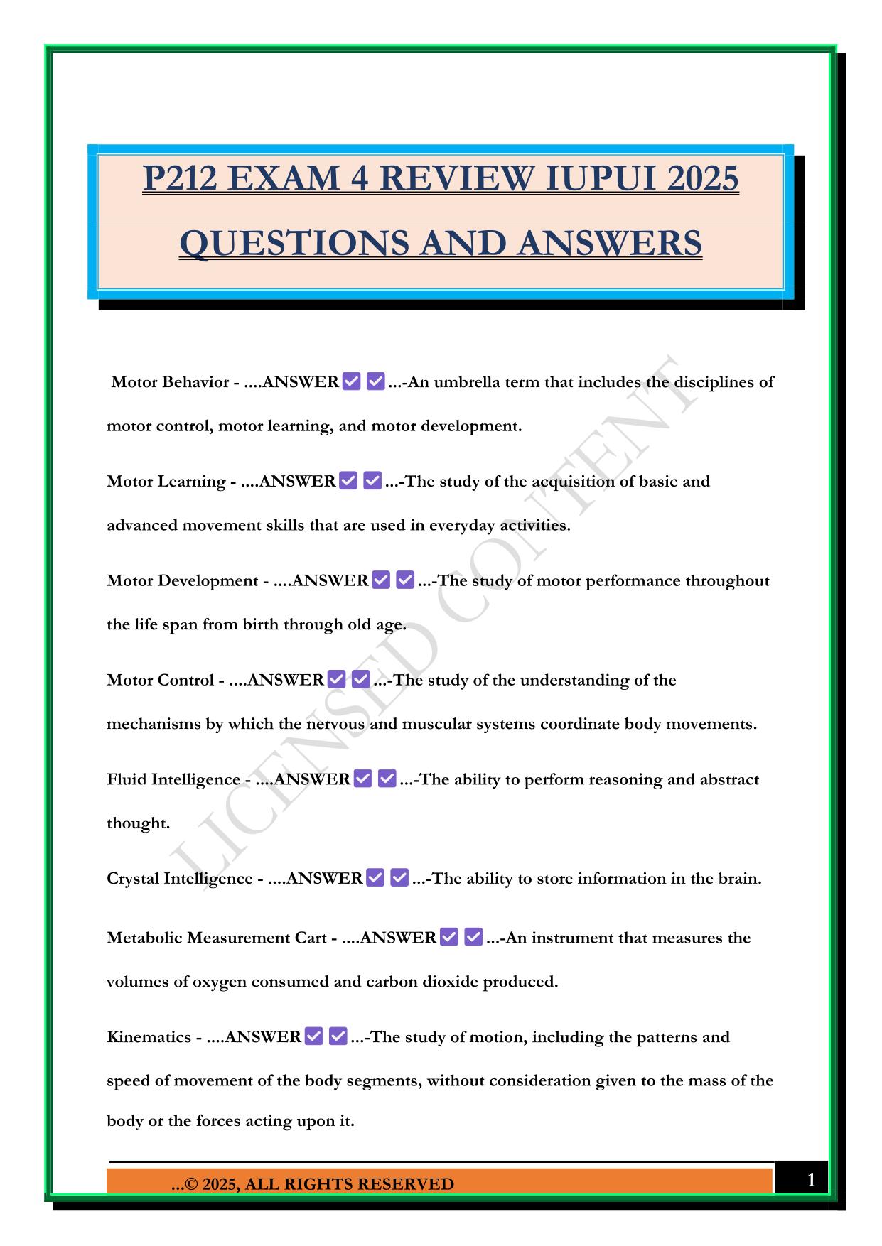 P212 EXAM 4 REVIEW IUPUI 2025 QUESTIONS AND ANSWERS