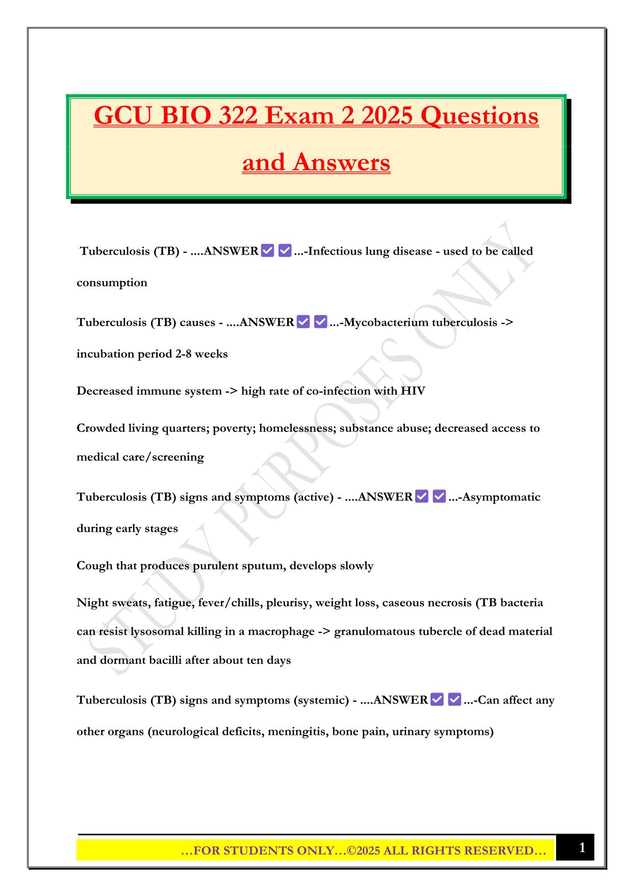 GCU BIO 322 Exam 2 2025 Questions and Answers