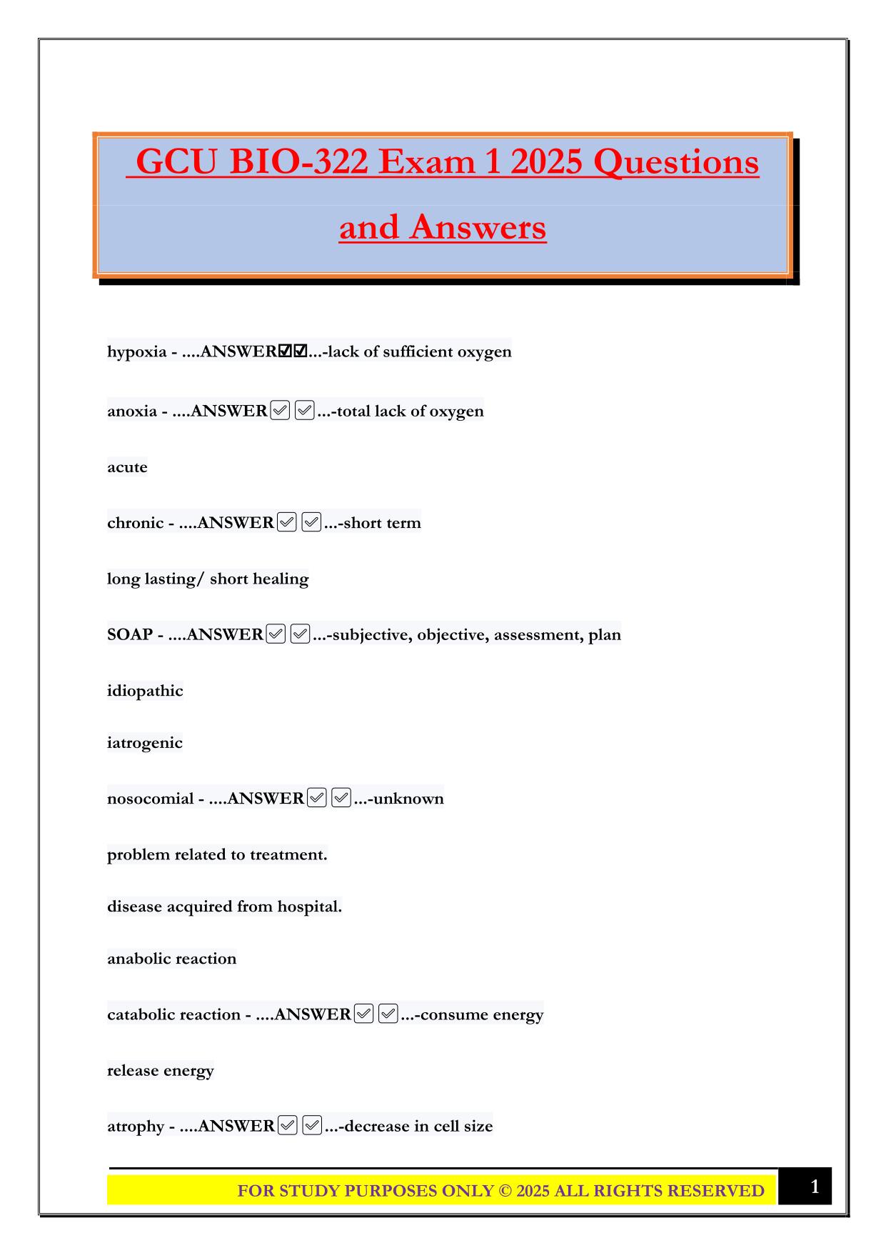 GCU BIO-322 Exam 1 2025 Questions and Answers