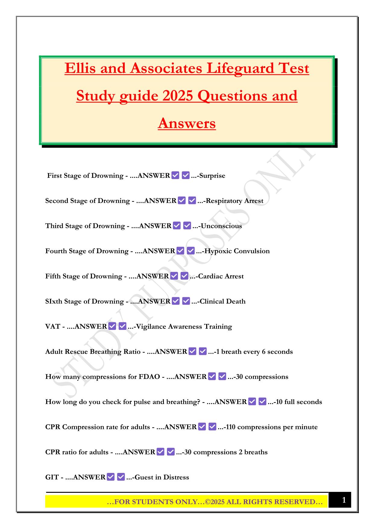 Ellis and Associates Lifeguard Test Study guide 2025 Questions and Answers