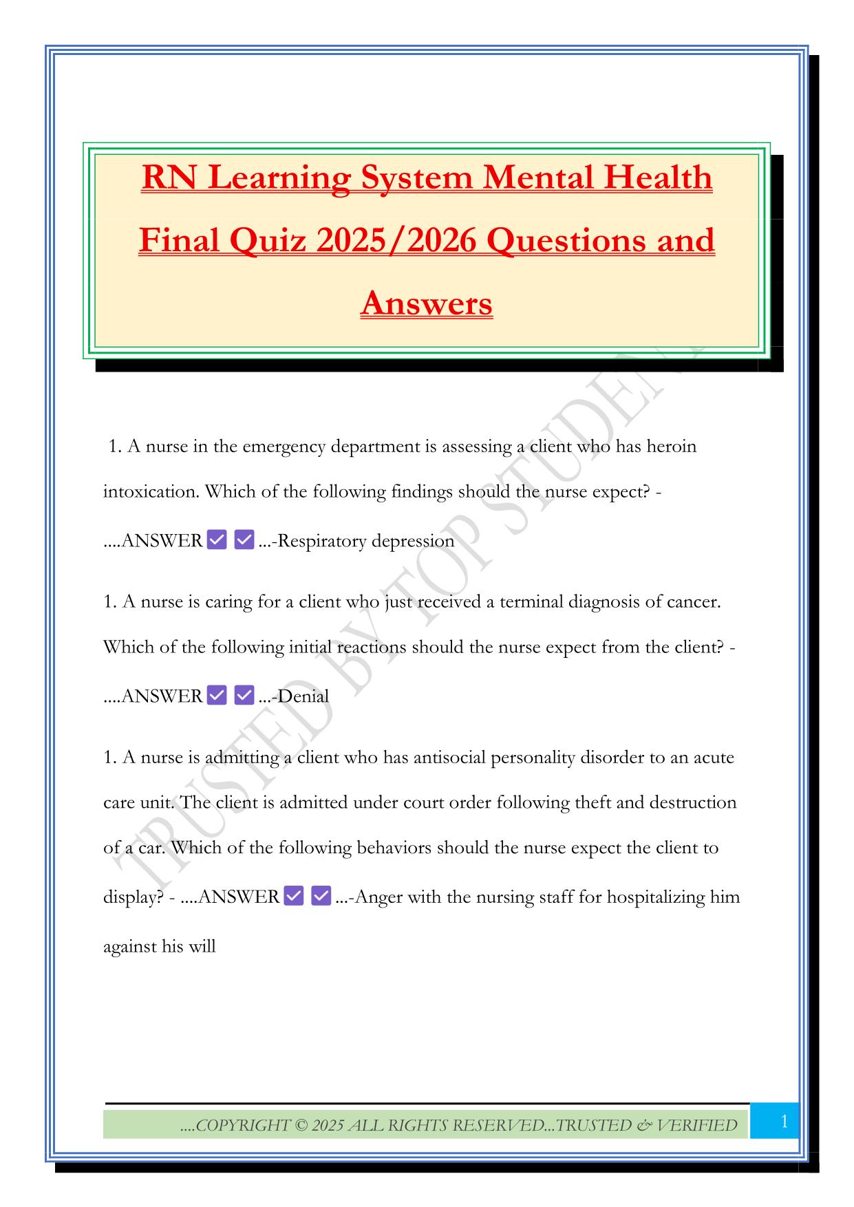 RN Learning System Mental Health Final Quiz 2025/2026 Questions and Answers