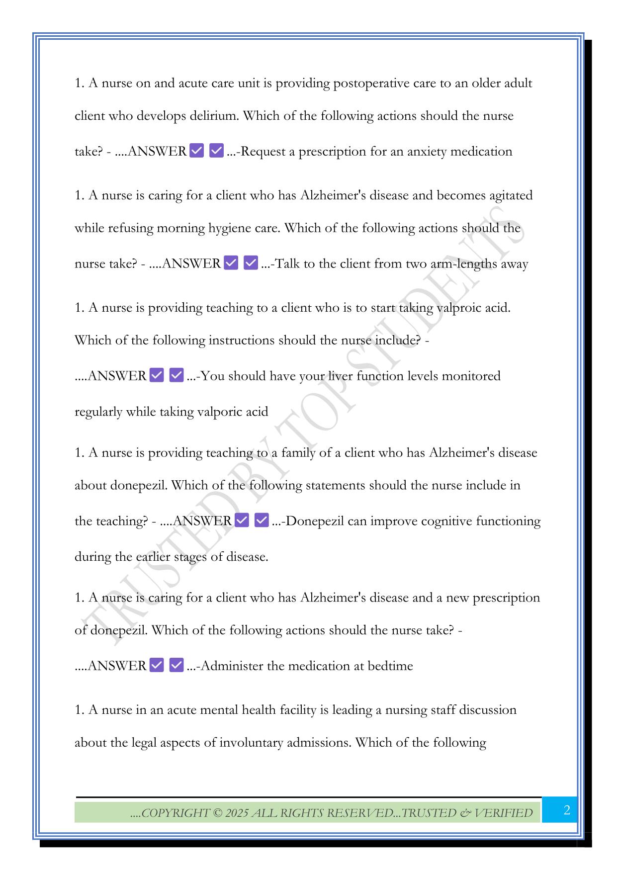 RN Learning System Mental Health Final Quiz 2025/2026 Questions and Answers