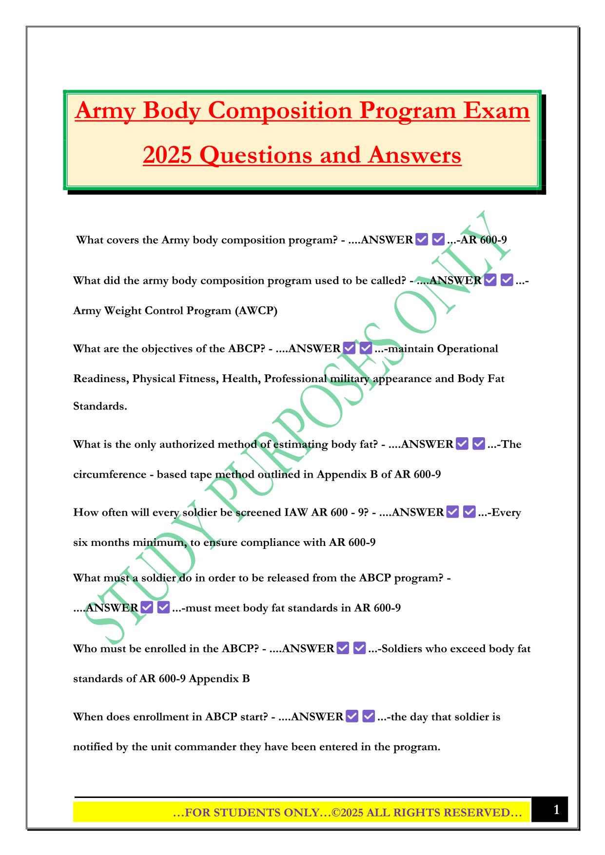 Army Body Composition Program Exam 2025 Questions and Answers