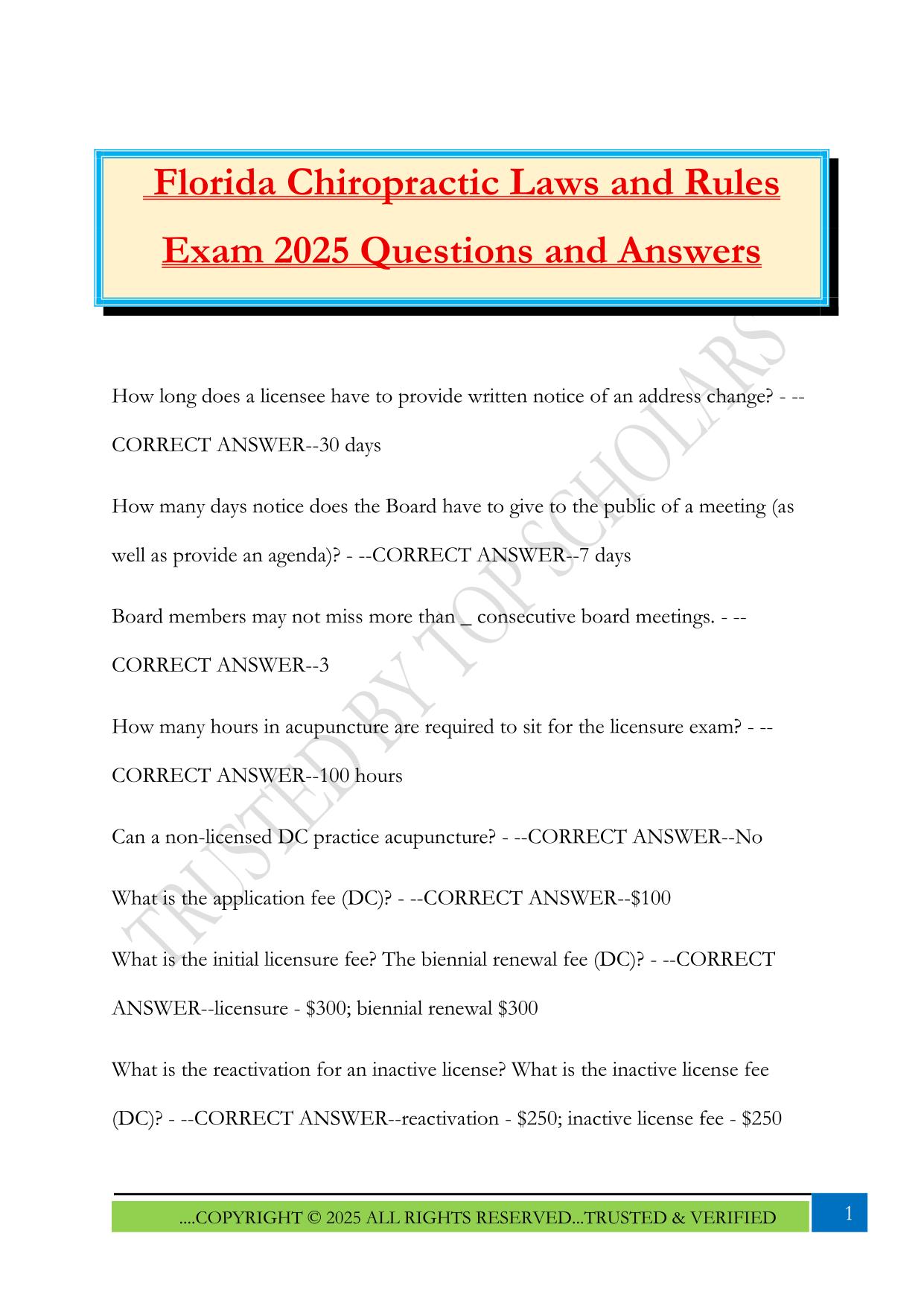 Florida Chiropractic Laws and Rules Exam 2025 Questions and Answers