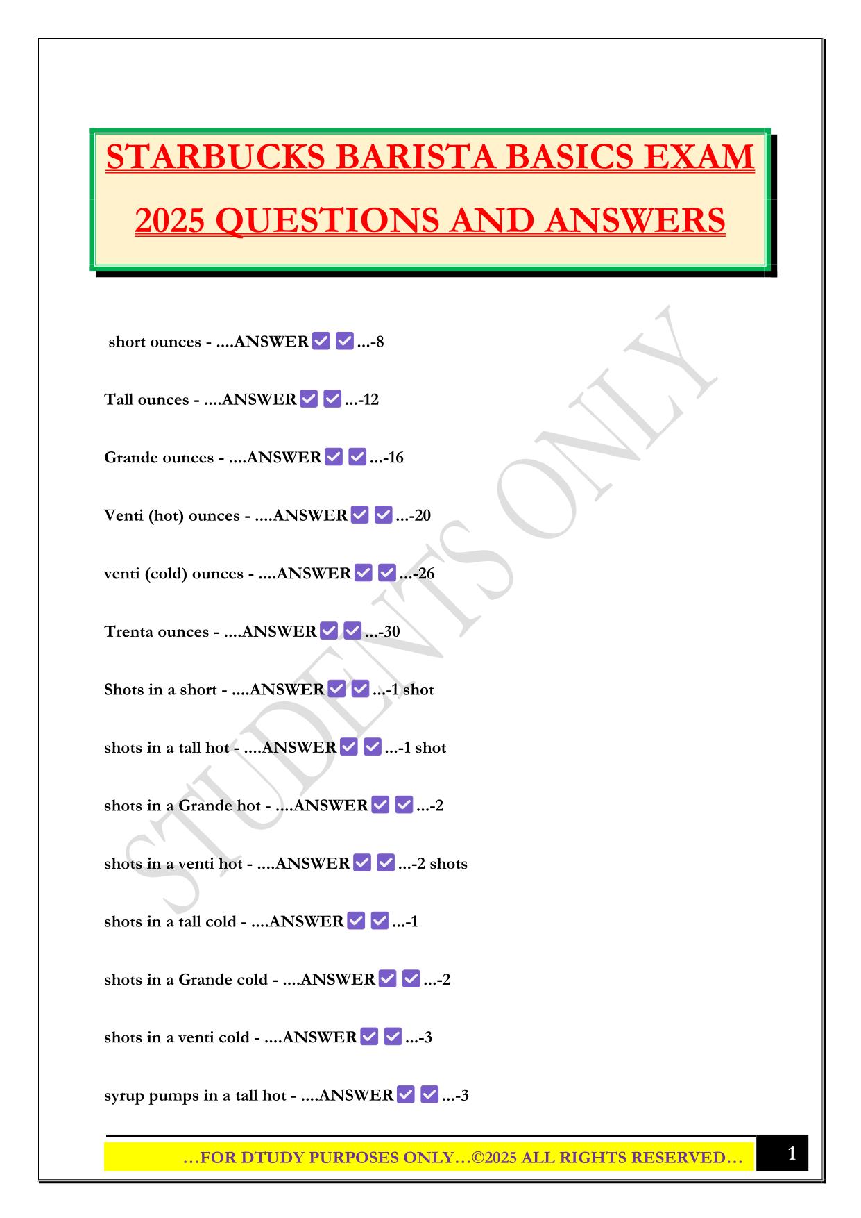 STARBUCKS BARISTA BASICS EXAM 2025 QUESTIONS AND ANSWERS