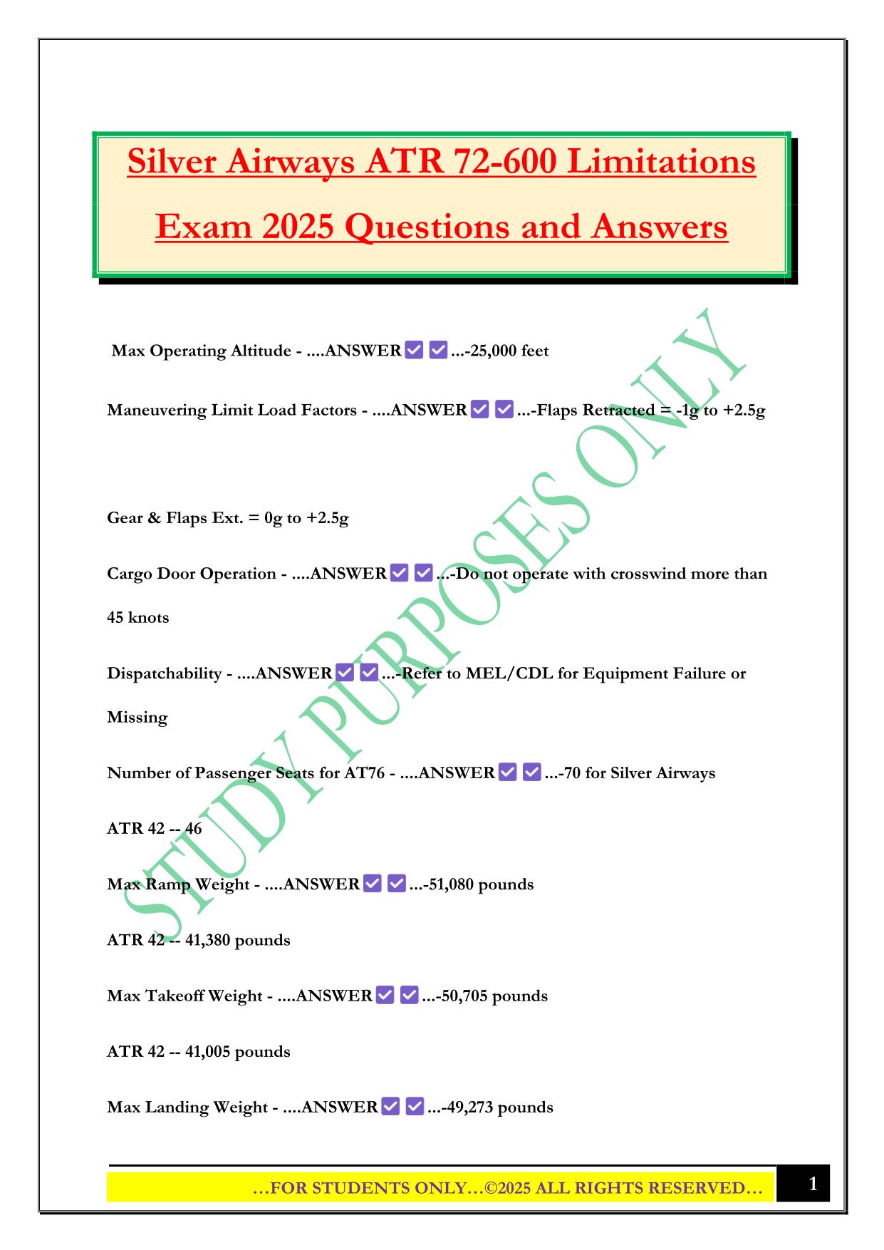Silver Airways ATR 72-600 Limitations Exam 2025 Questions and Answers