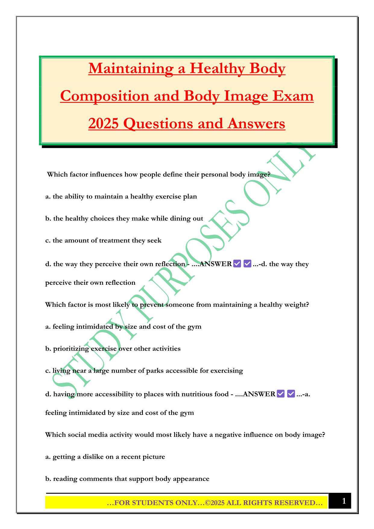 Maintaining a Healthy Body Composition and Body Image Exam 2025 Questions and Answers