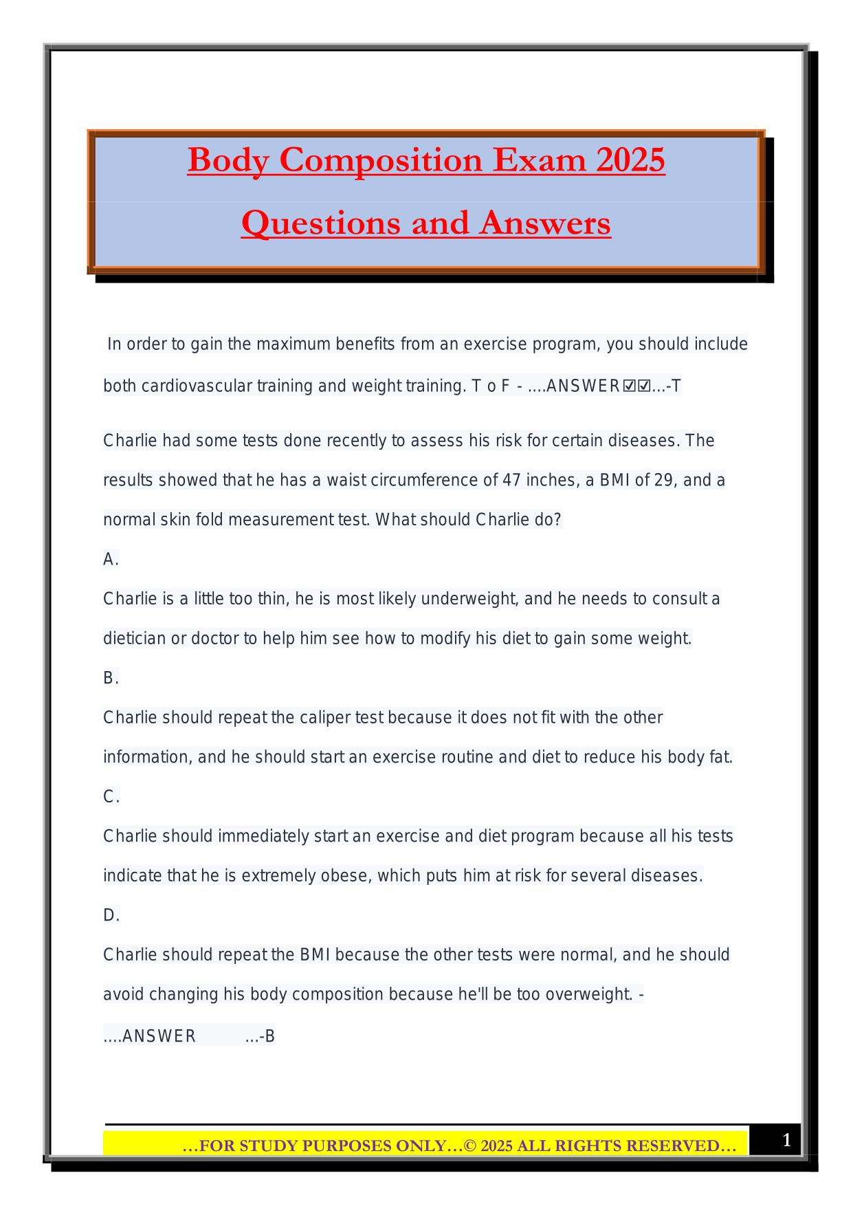 Body Composition Exam 2025 Questions and Answers