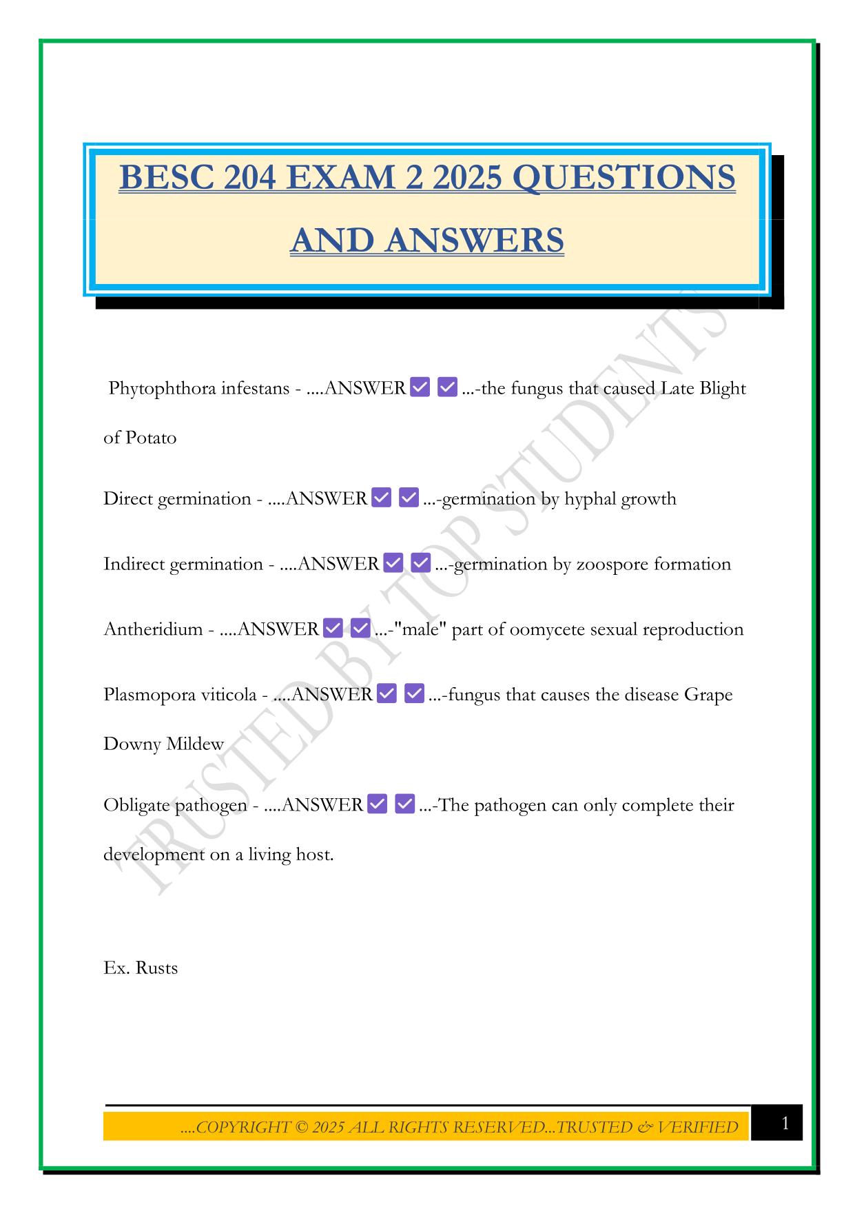 BESC 204 EXAM 2 2025 QUESTIONS AND ANSWERS