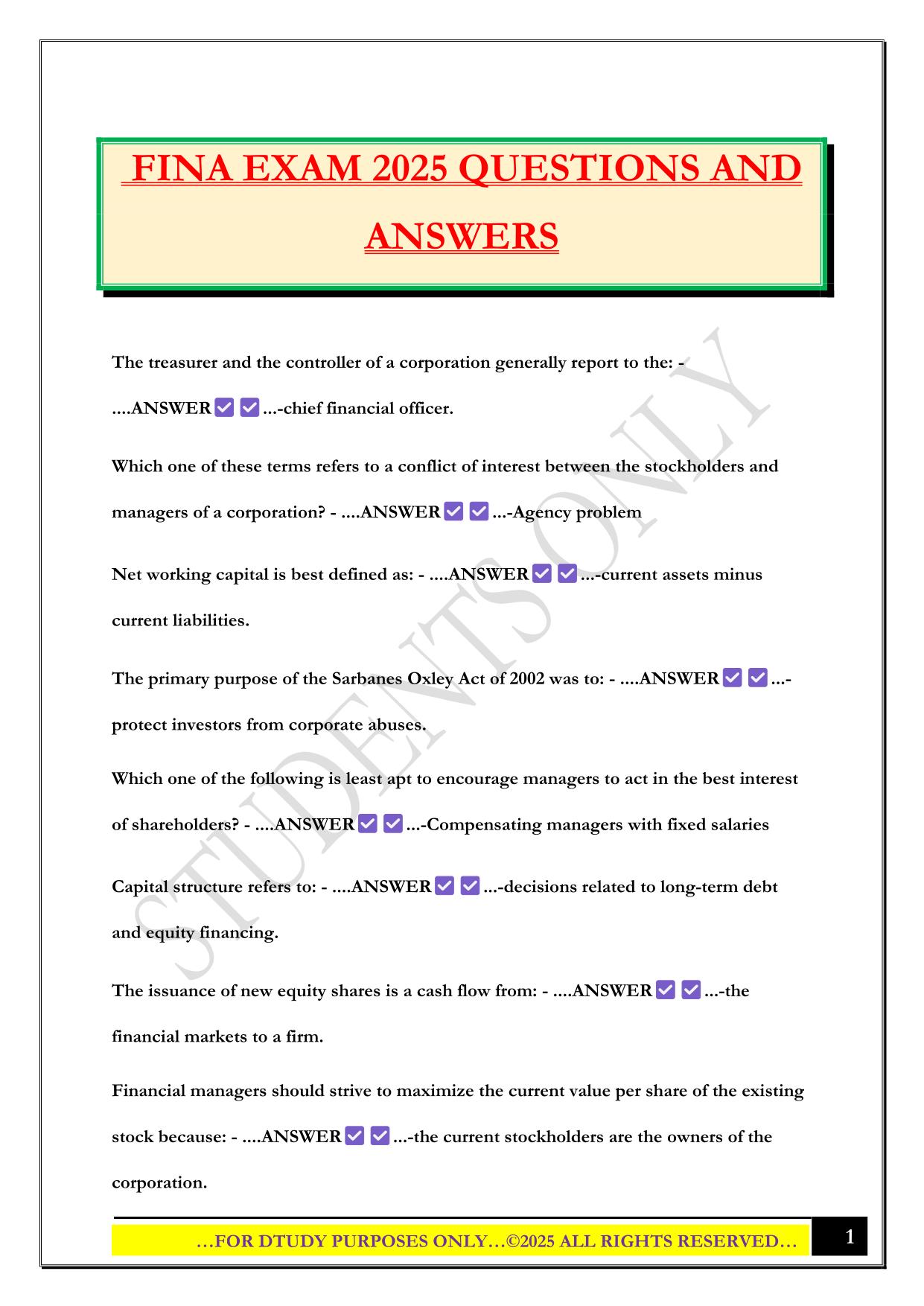 FINA EXAM REVIEW 2025 QUESTIONS AND ANSWERS