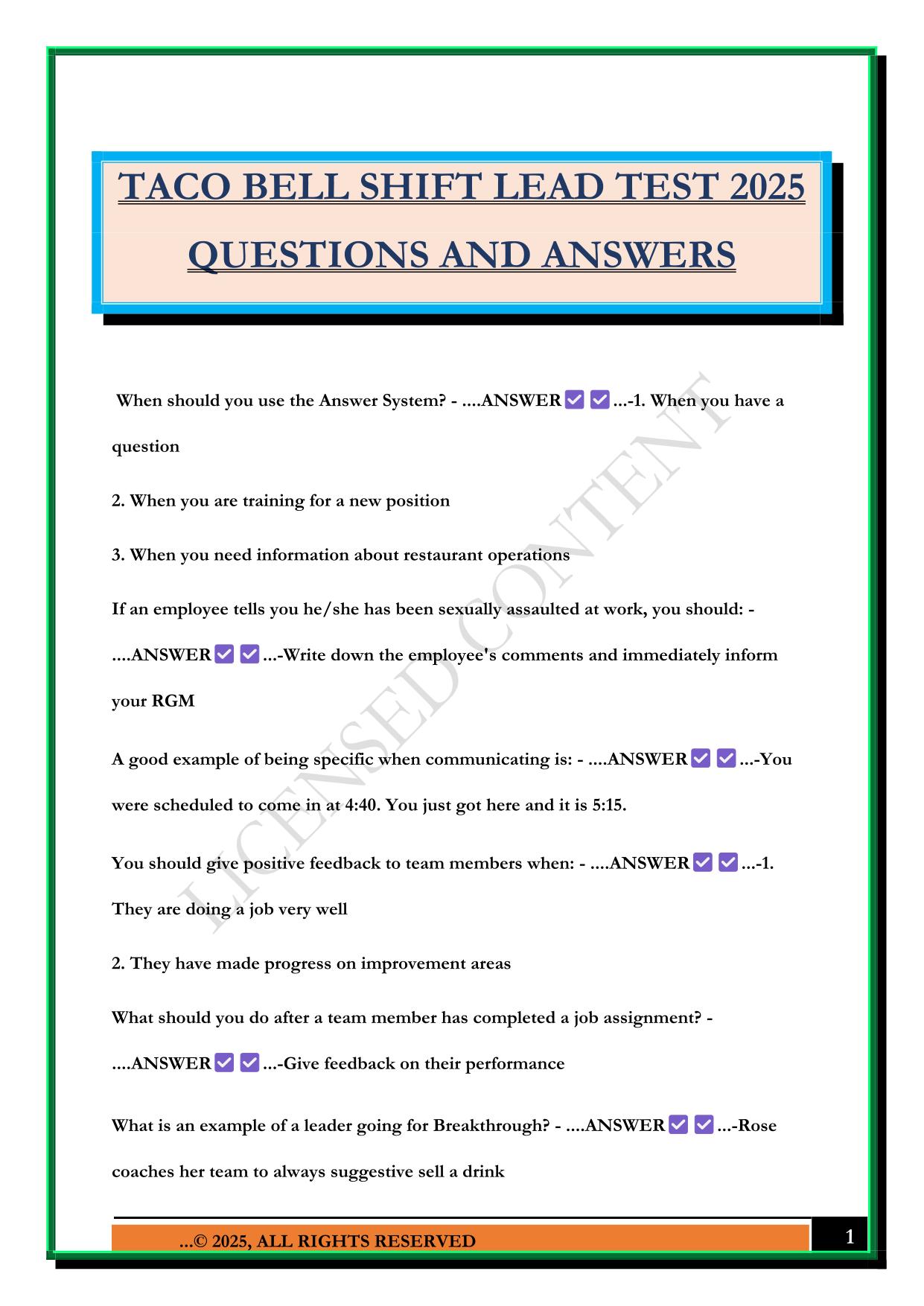 TACO BELL SHIFT LEAD TEST 2025 QUESTIONS AND ANSWERS