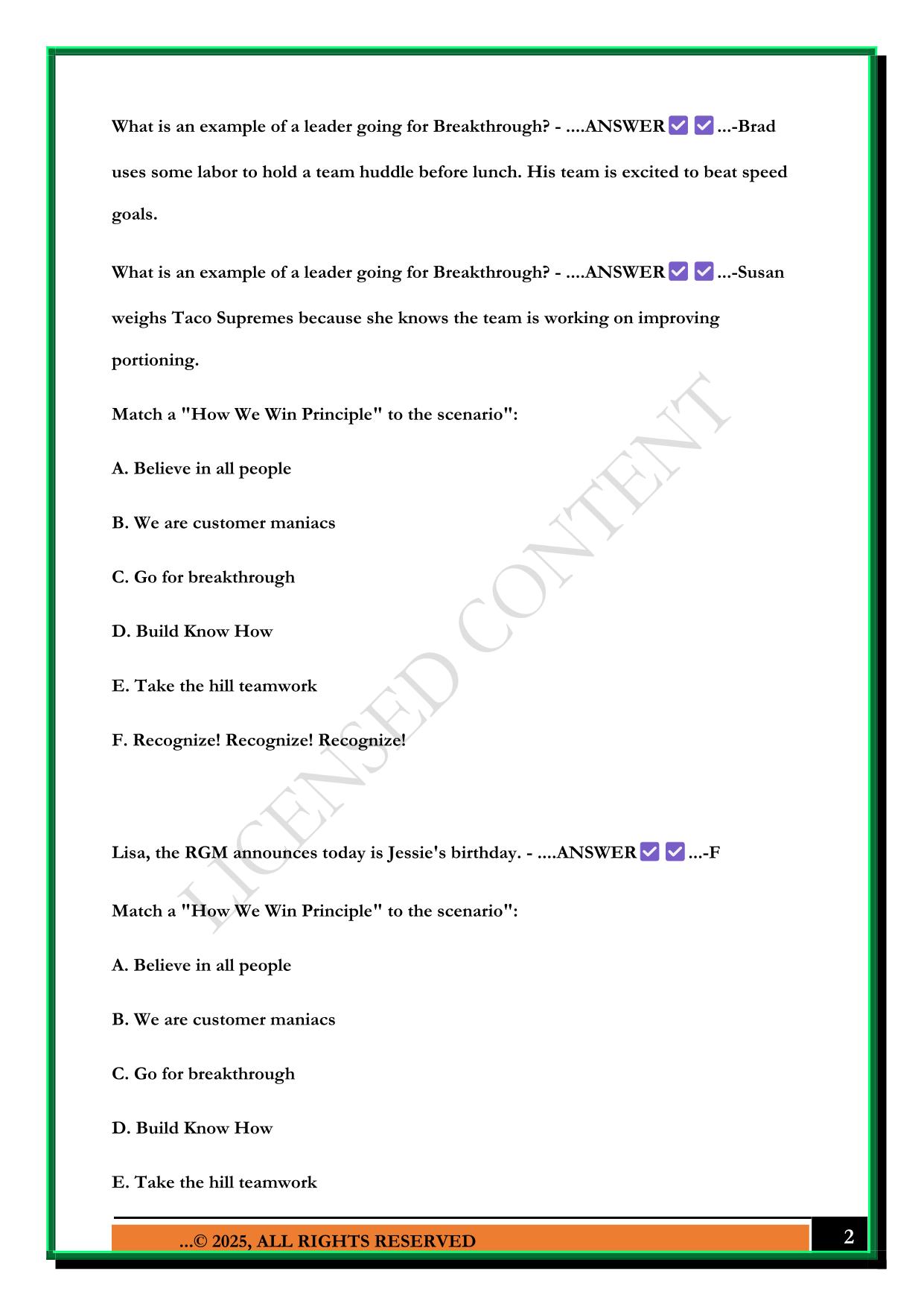 TACO BELL SHIFT LEAD TEST 2025 QUESTIONS AND ANSWERS