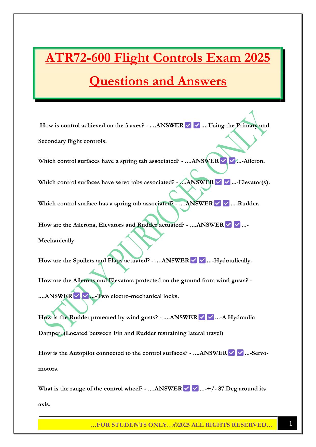 ATR72-600 Flight Controls Exam 2025 Questions and Answers