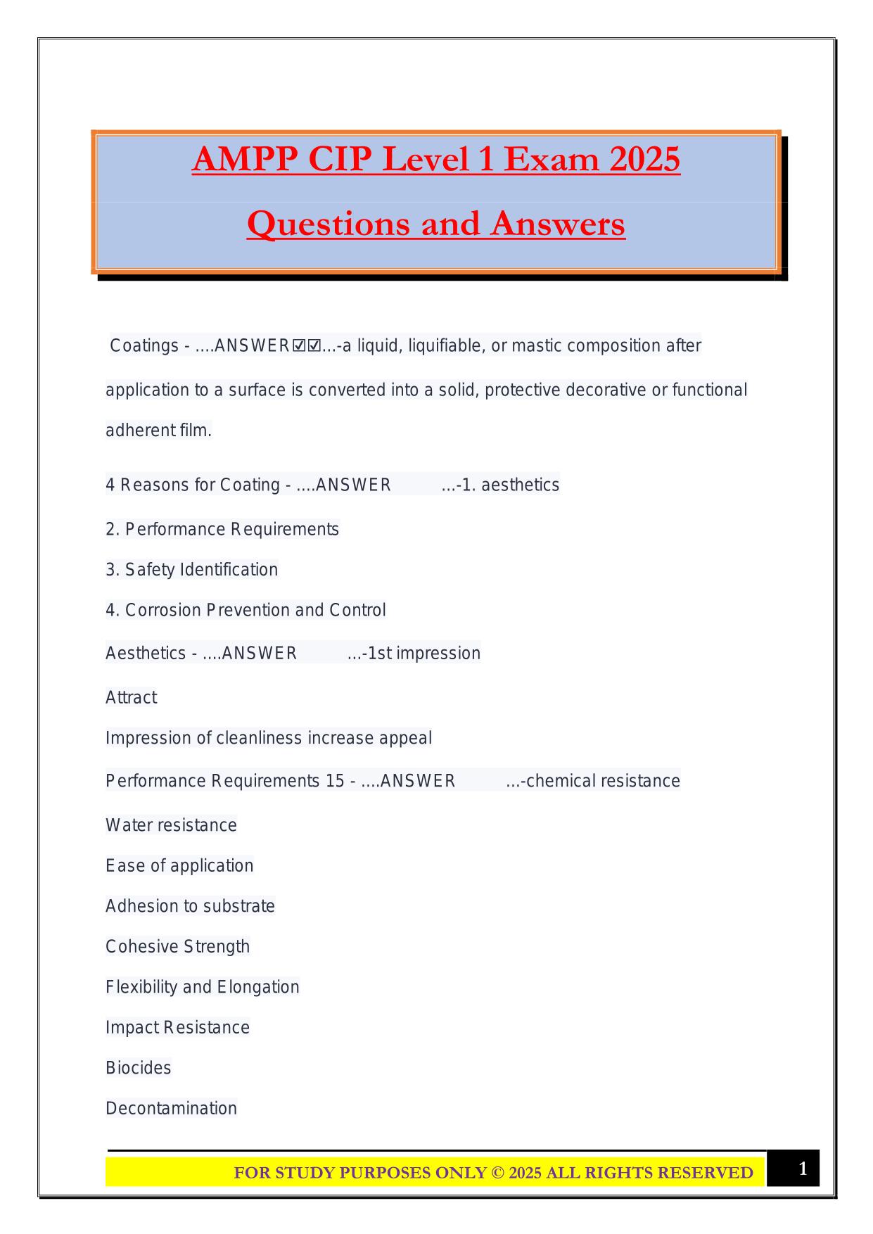 AMPP CIP Level 1 Exam 2025 Questions and Answers