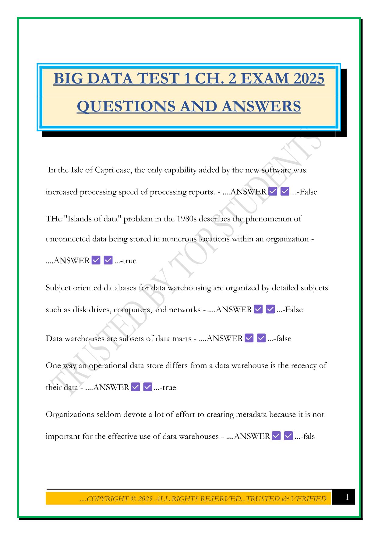 BIG DATA TEST 1 CH. 2 EXAM 2025 QUESTIONS AND ANSWERS