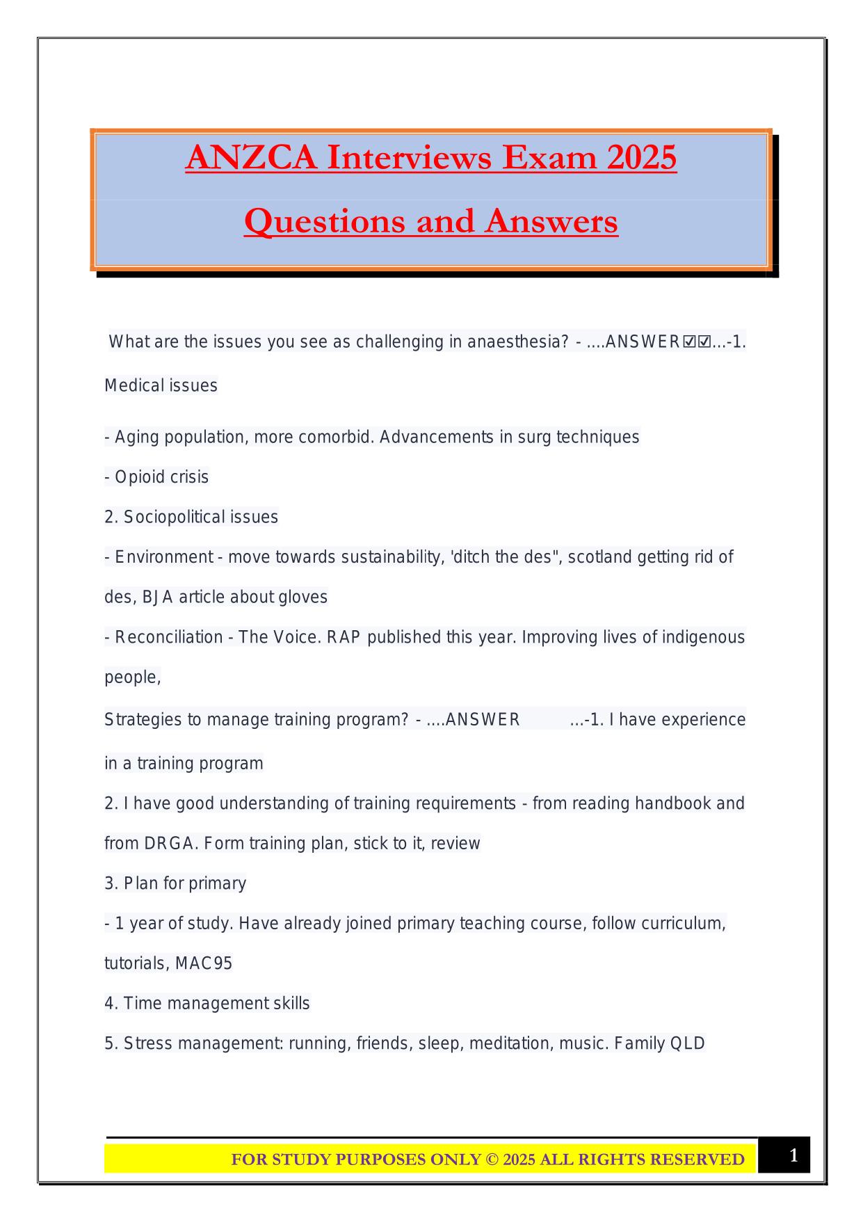 ANZCA Interviews Exam 2025 Questions and Answers