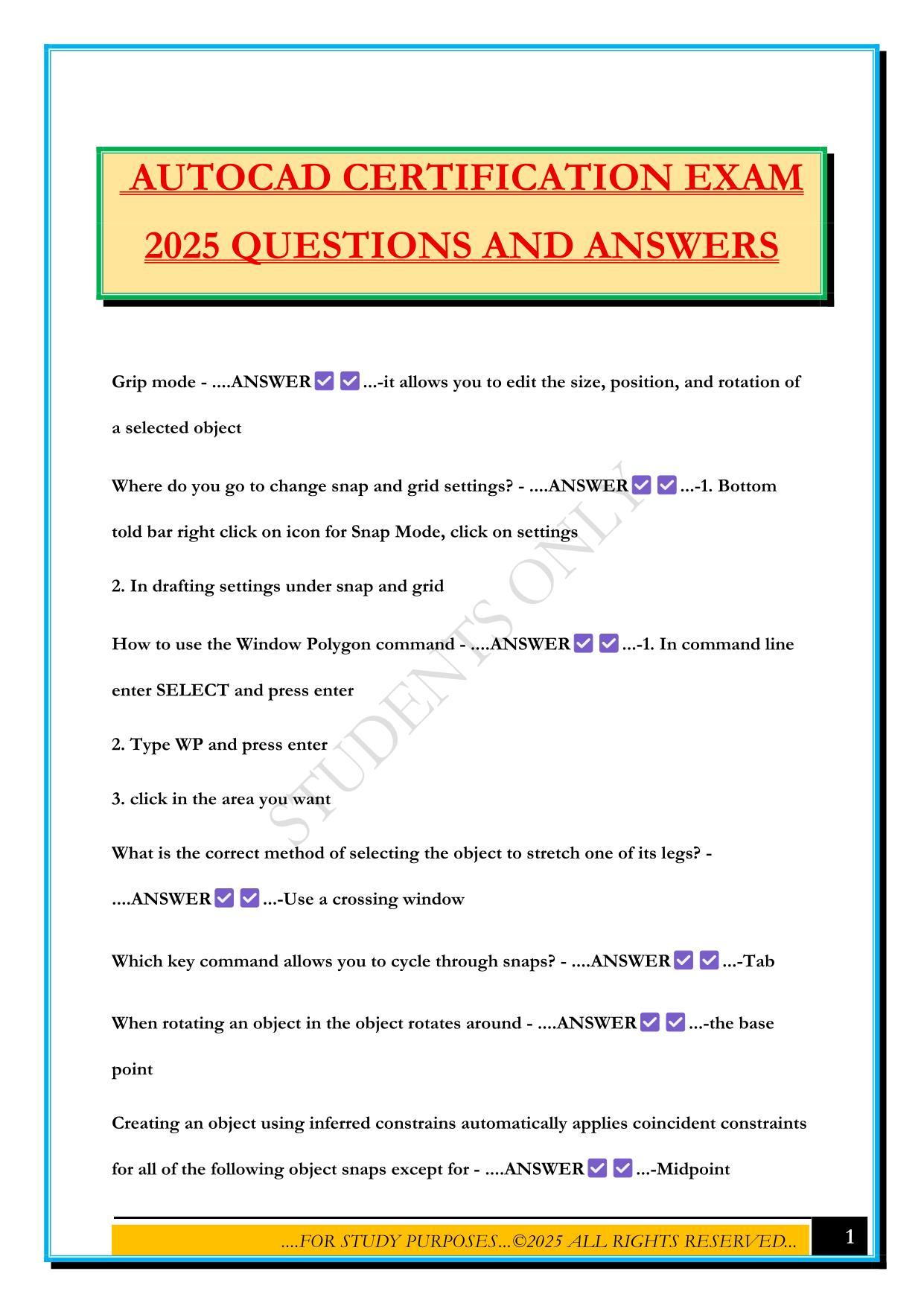 AUTOCAD CERTIFICATION EXAM 2025 QUESTIONS AND ANSWERS