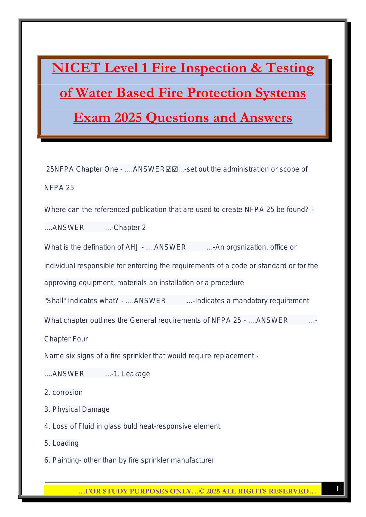 NICET Level 1 Fire Inspection & Testing of Water Based Fire Protection Systems Exam 2025 Questions and Answers