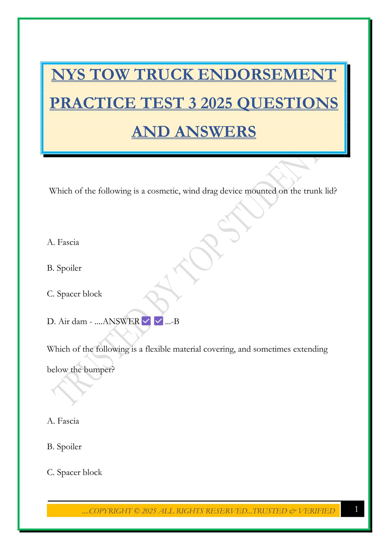 NYS TOW TRUCK ENDORSEMENT PRACTICE TEST 3 2025 QUESTIONS AND ANSWERS