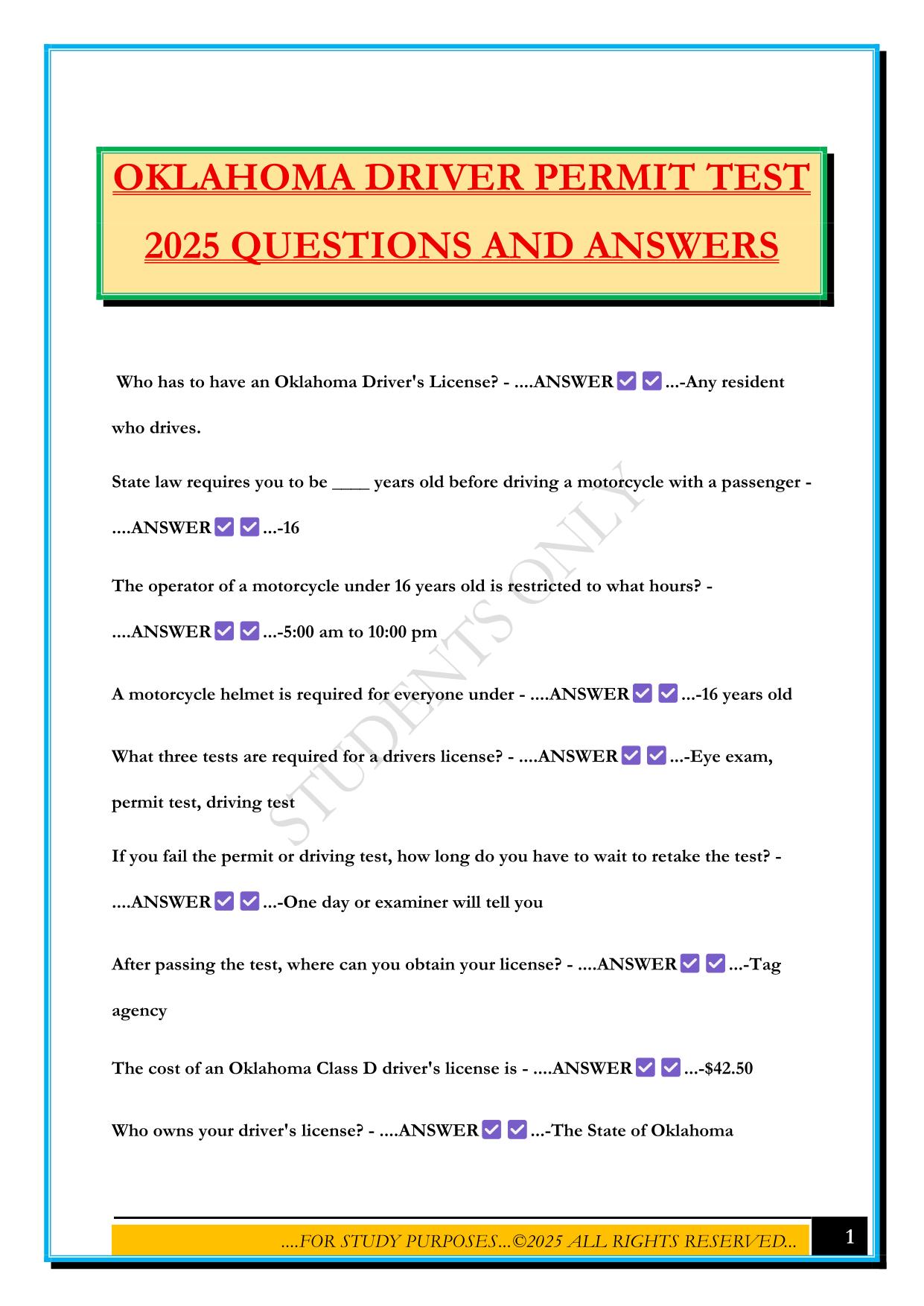OKLAHOMA DRIVER PERMIT TEST 2025 QUESTIONS AND ANSWERS