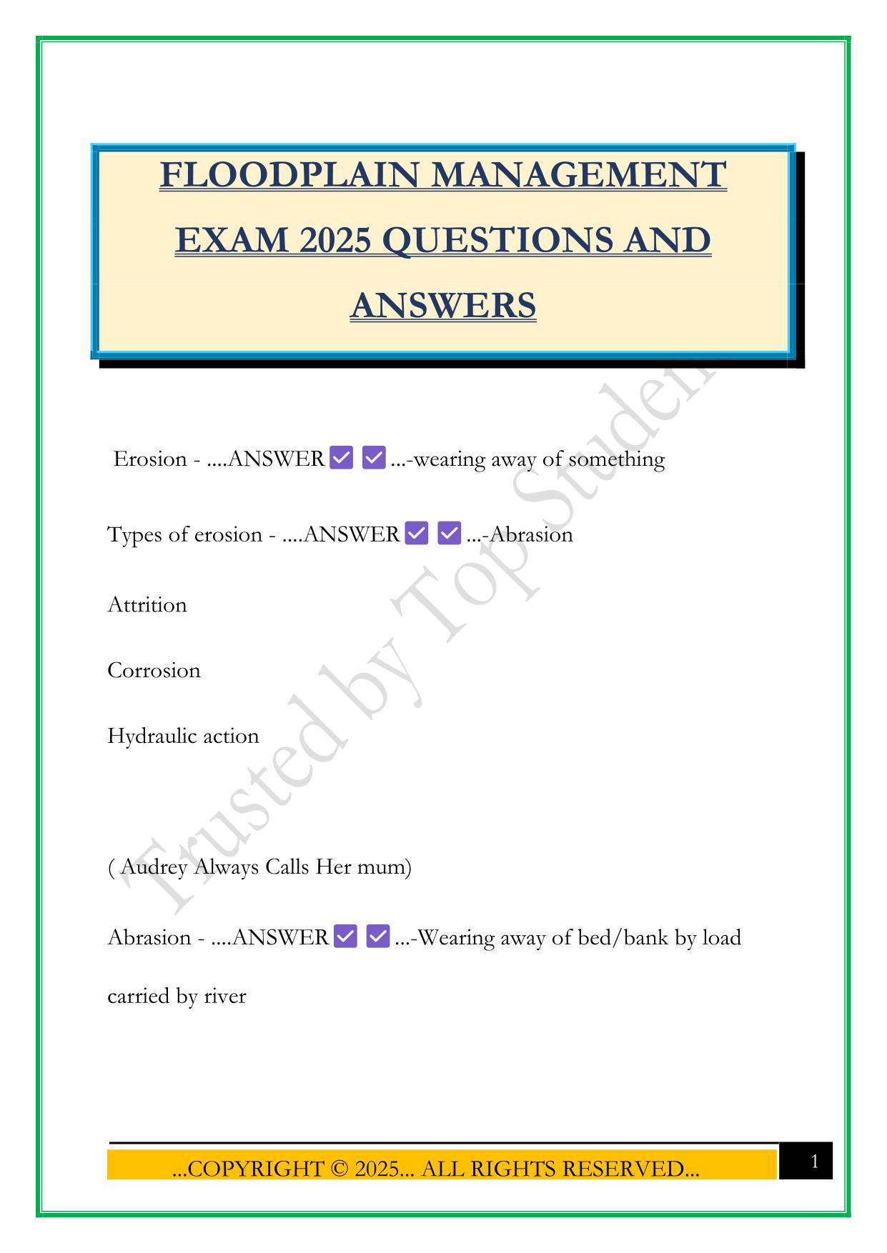 FLOODPLAIN MANAGEMENT EXAM 2025 QUESTIONS AND ANSWERS