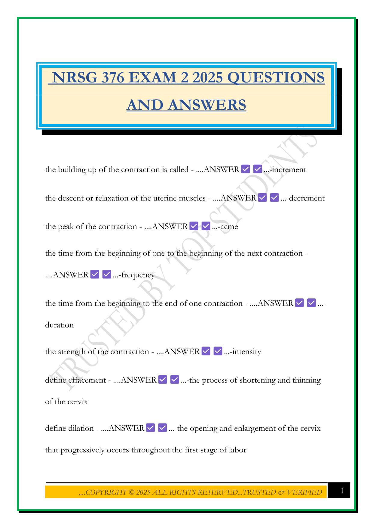 NRSG 376 EXAM 2 2025 QUESTIONS AND ANSWERS